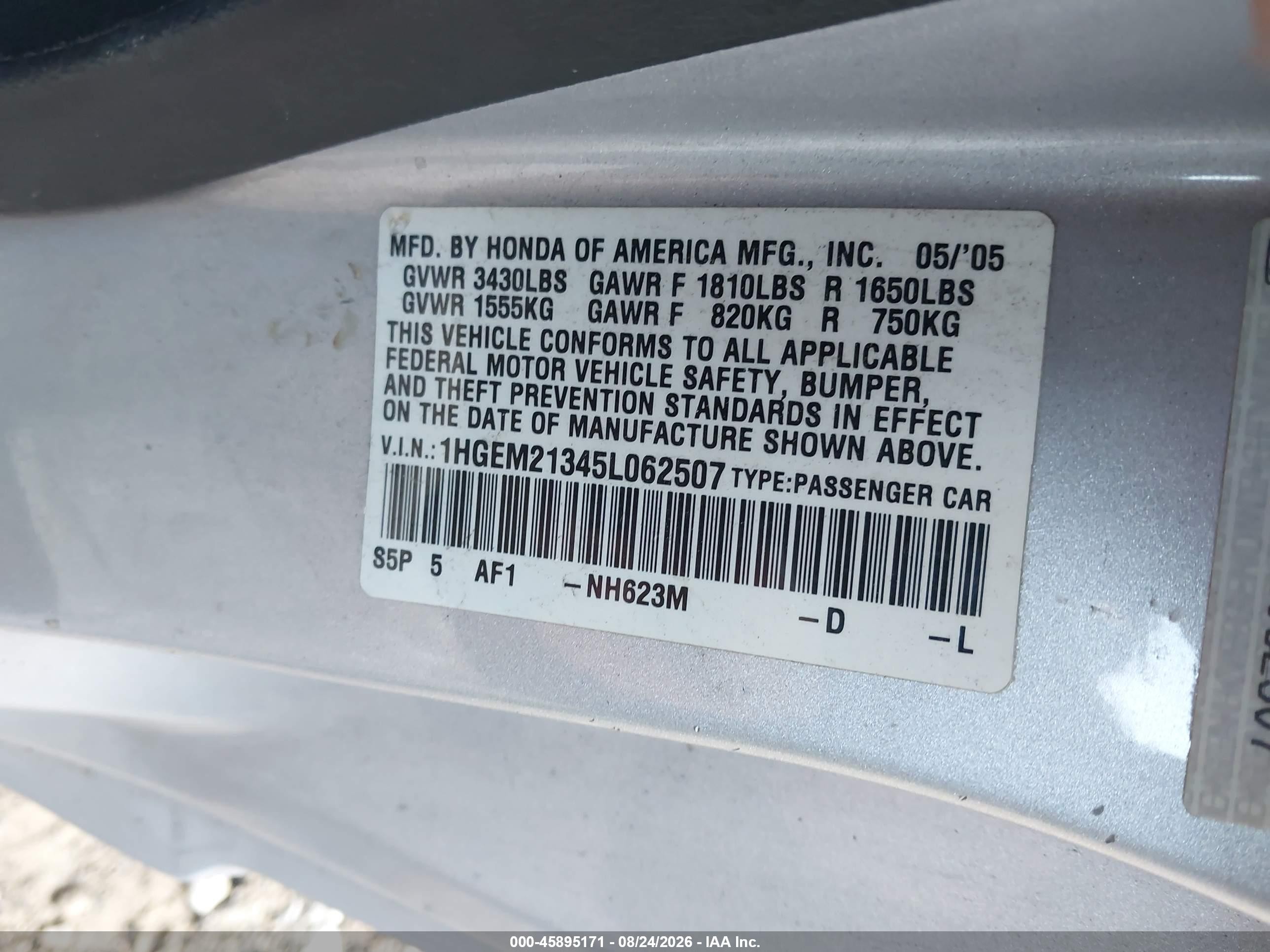 2005 Honda Civic Vp Silver vin: 1HGEM21345L062507