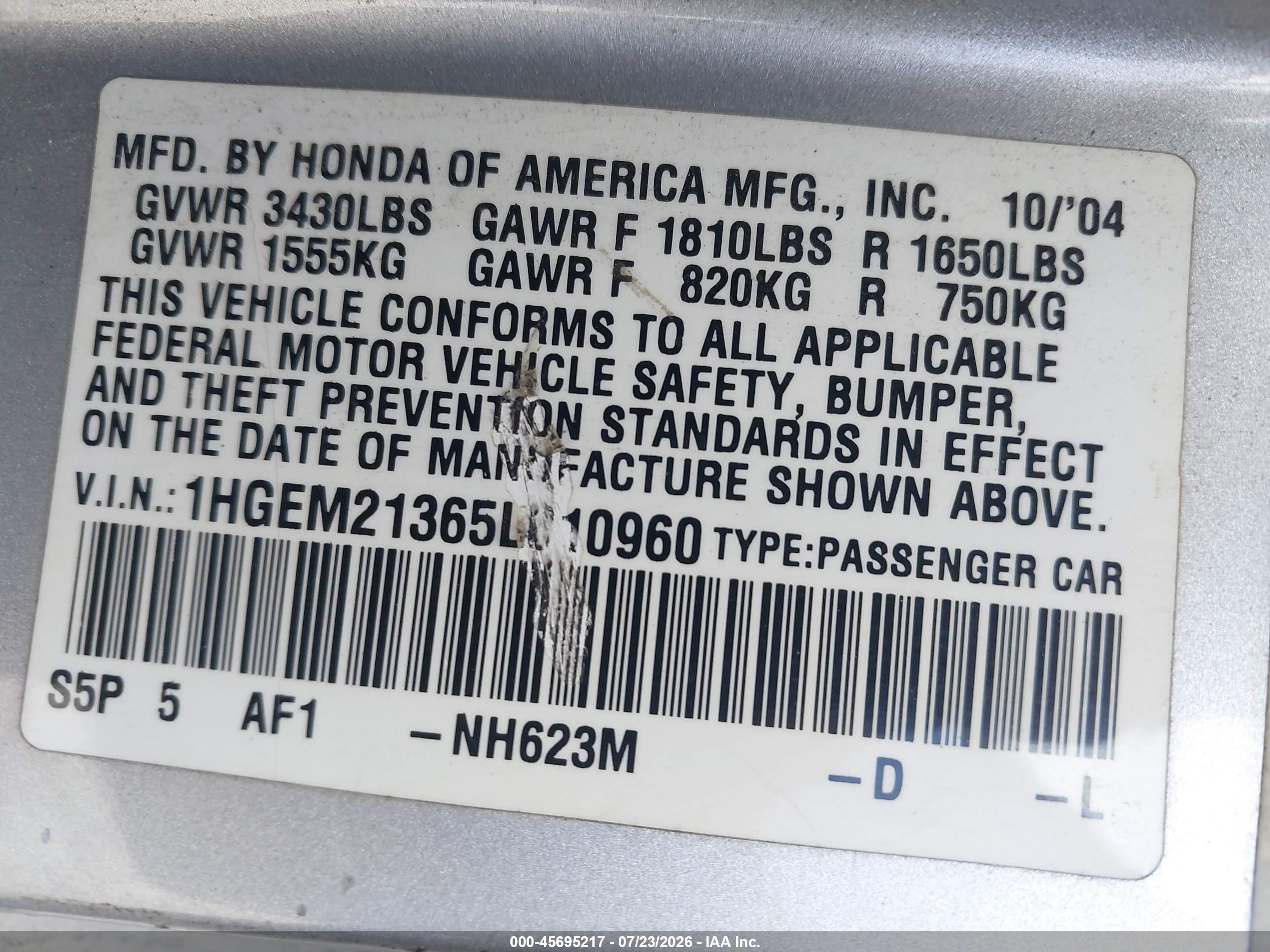 2005 Honda Civic Vp Silver vin: 1HGEM21365L010960