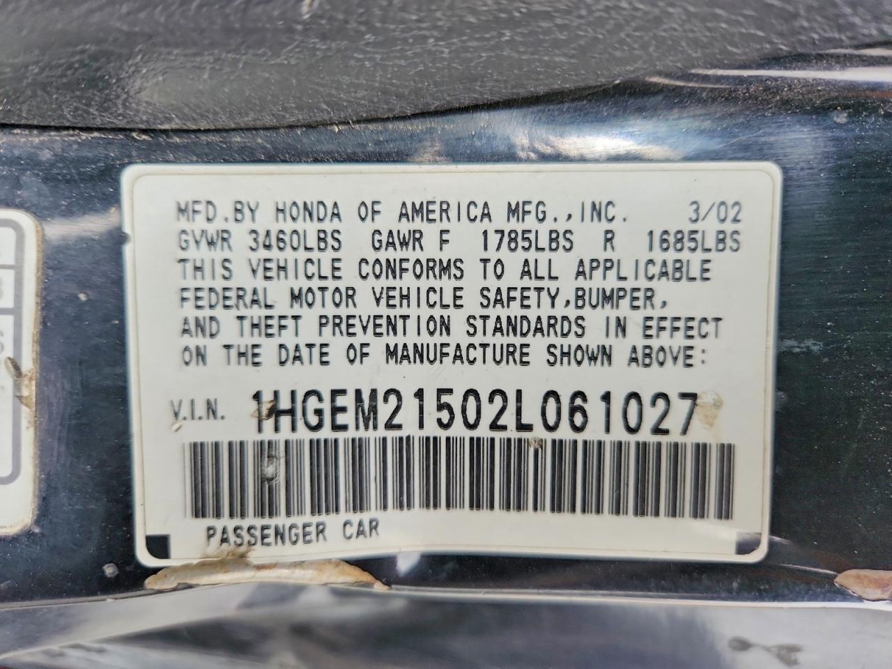 2002 Honda Civic Lx Черный vin: 1HGEM21502L061027