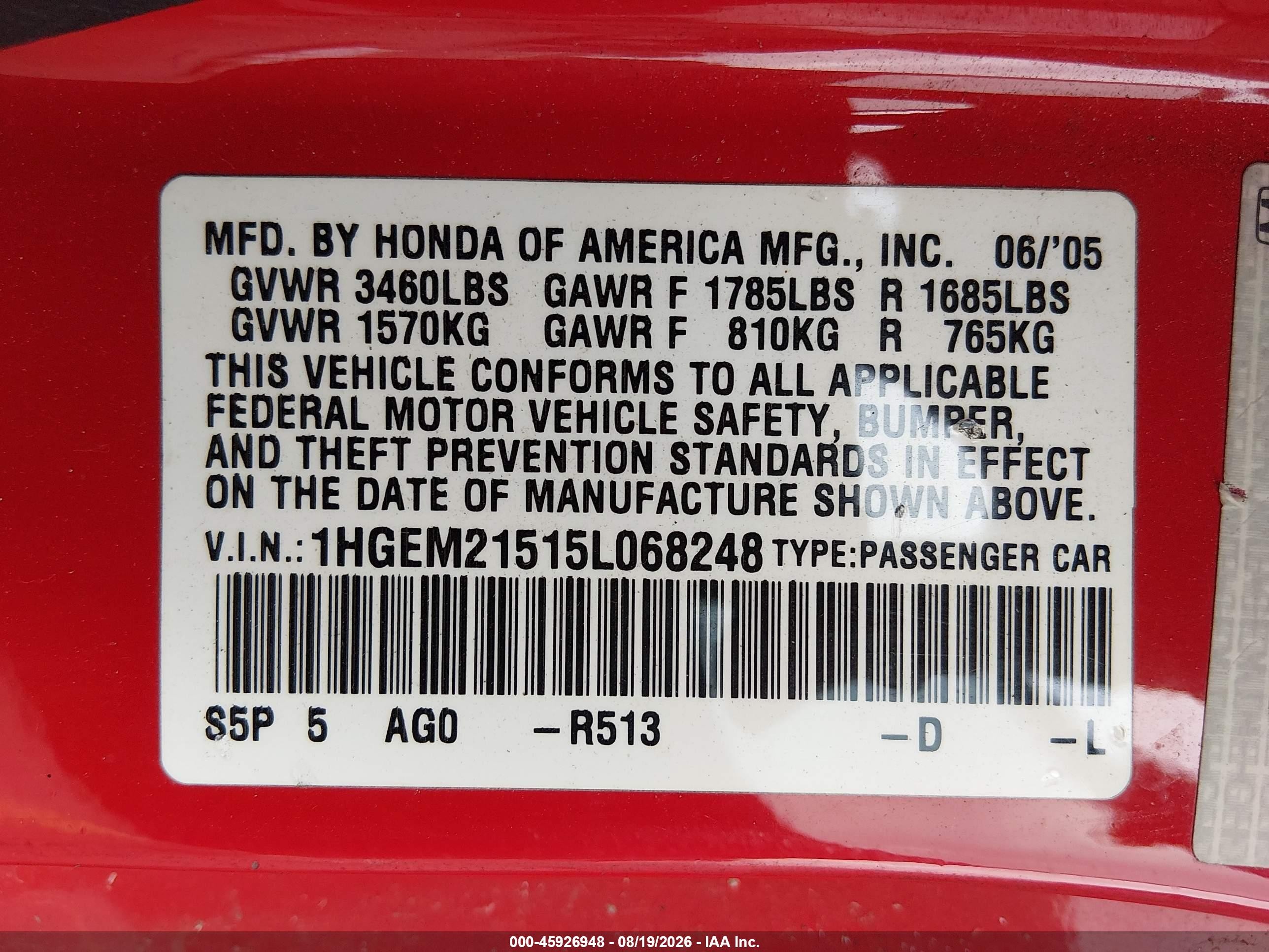 2005 Honda Civic Lx Red vin: 1HGEM21515L068248
