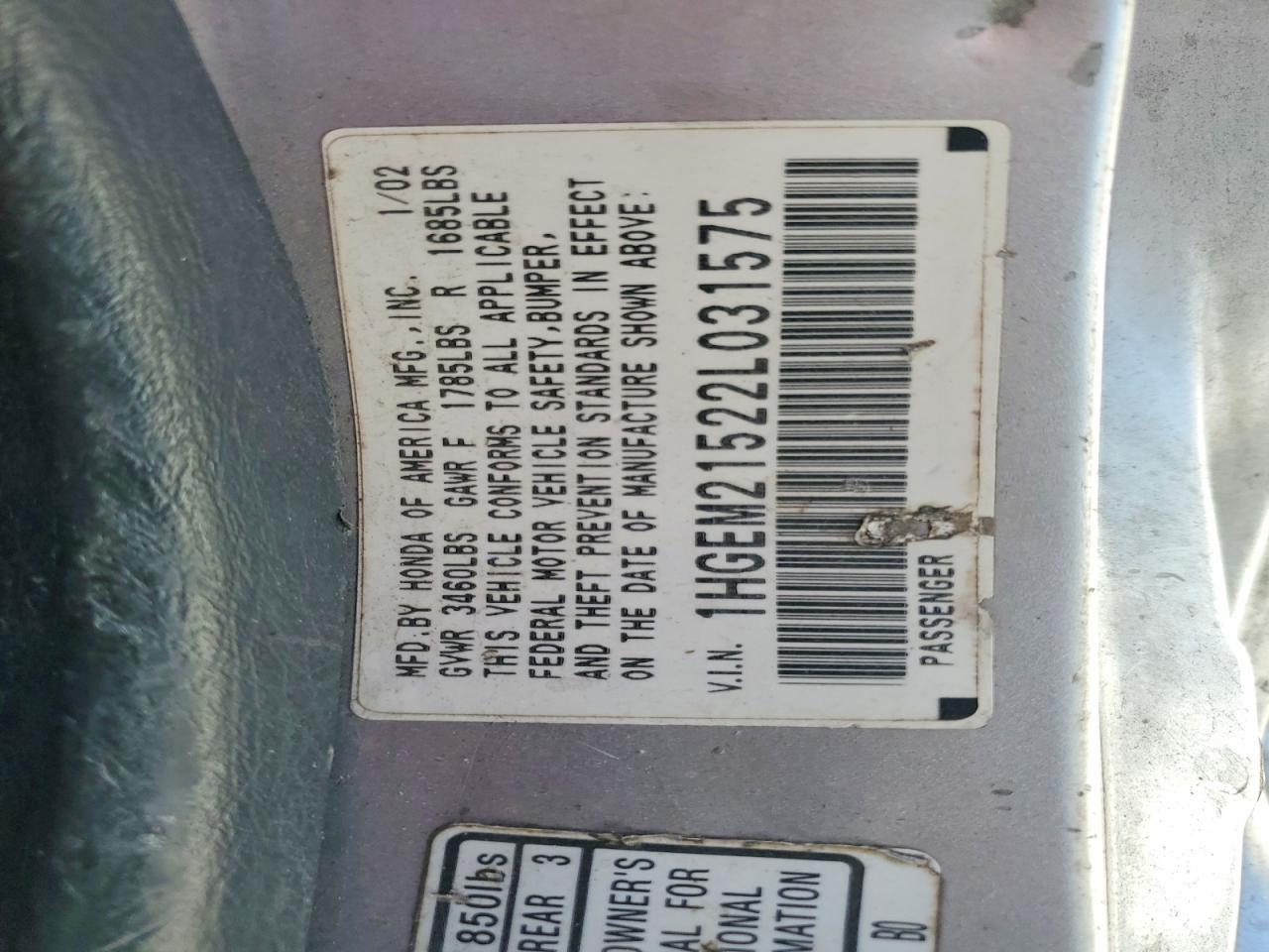 2002 Honda Civic Lx Серебряный vin: 1HGEM21522L031575