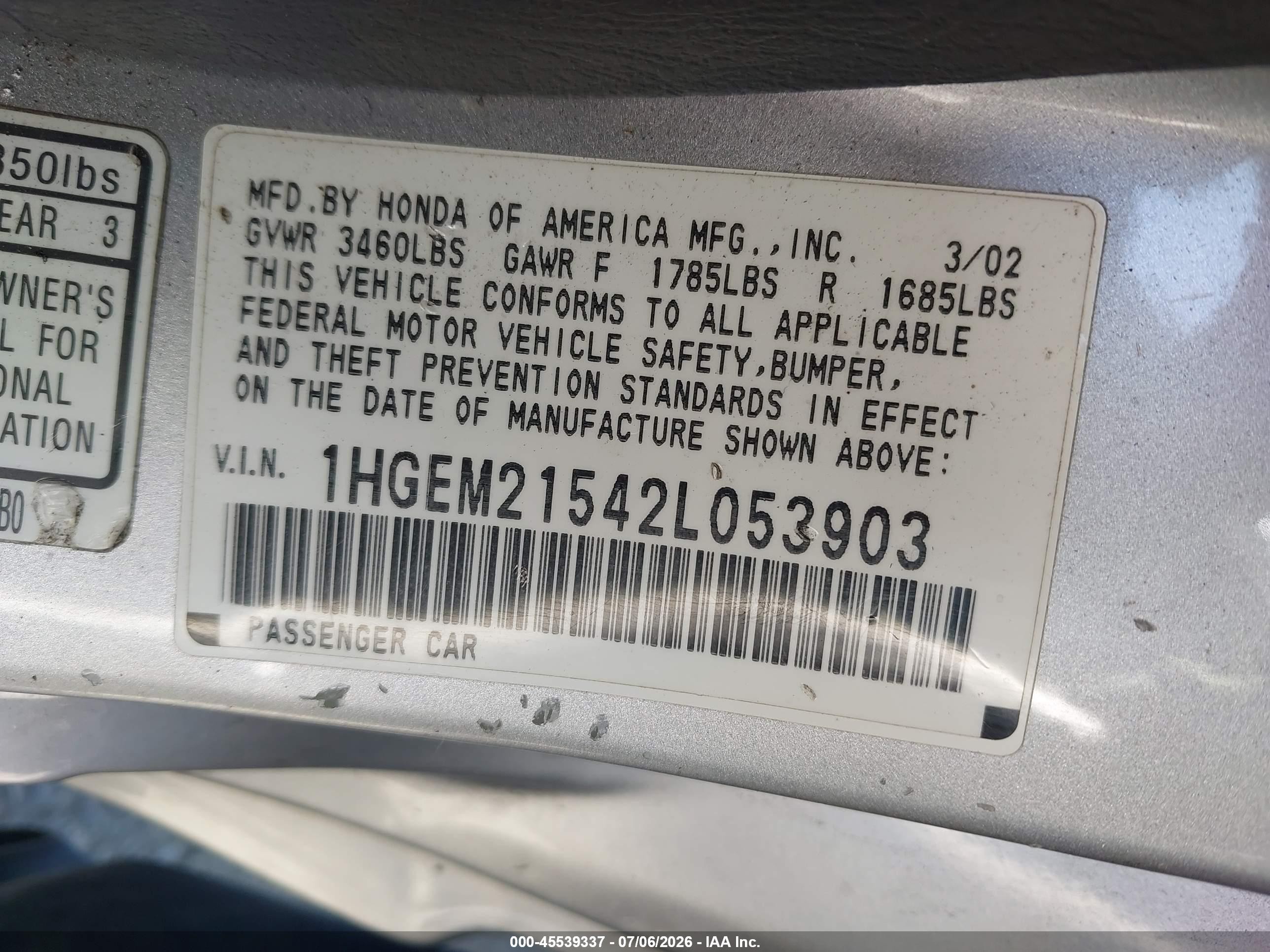 2002 Honda Civic Lx Silver vin: 1HGEM21542L053903