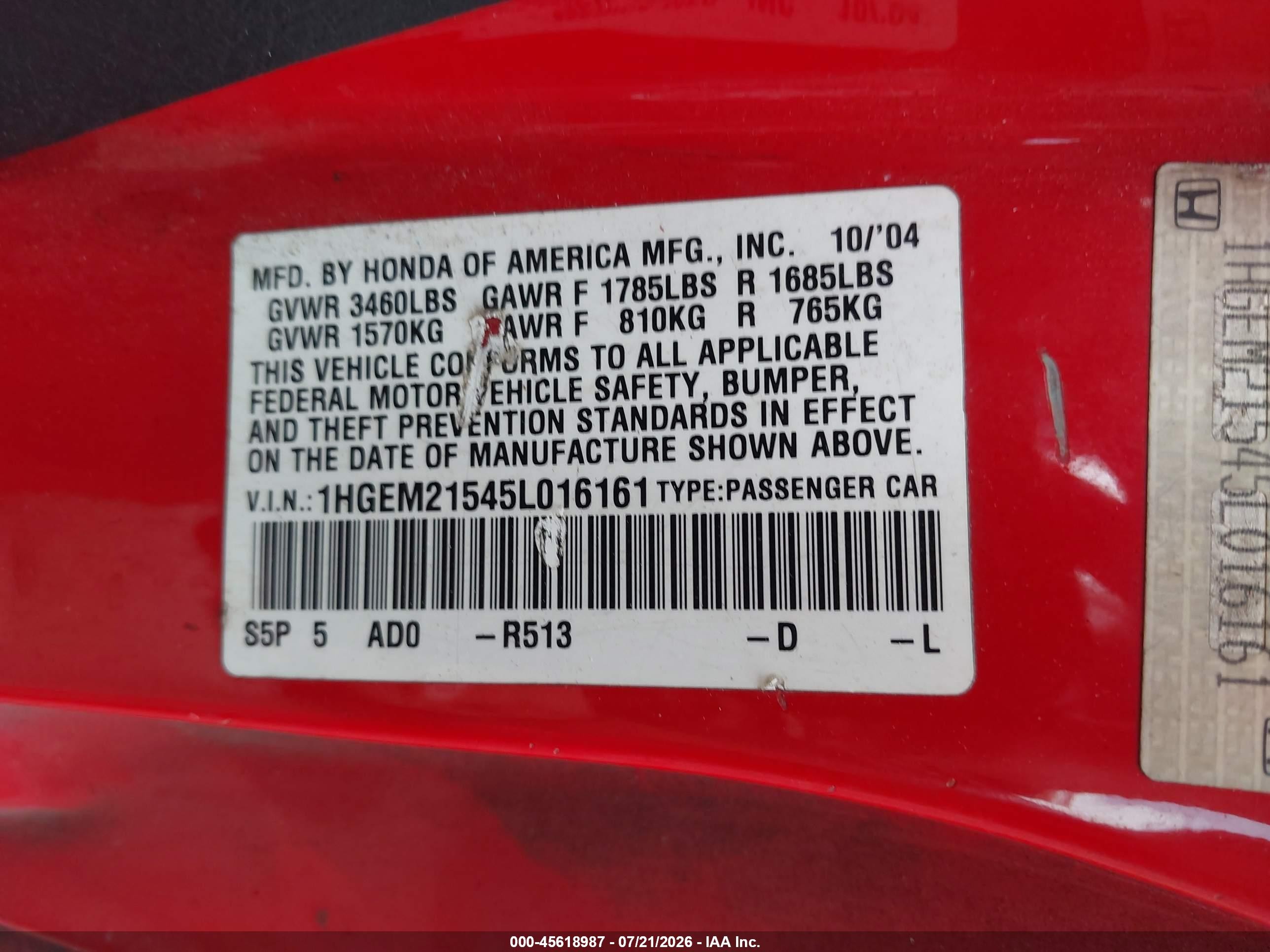 2005 Honda Civic Lx Red vin: 1HGEM21545L016161