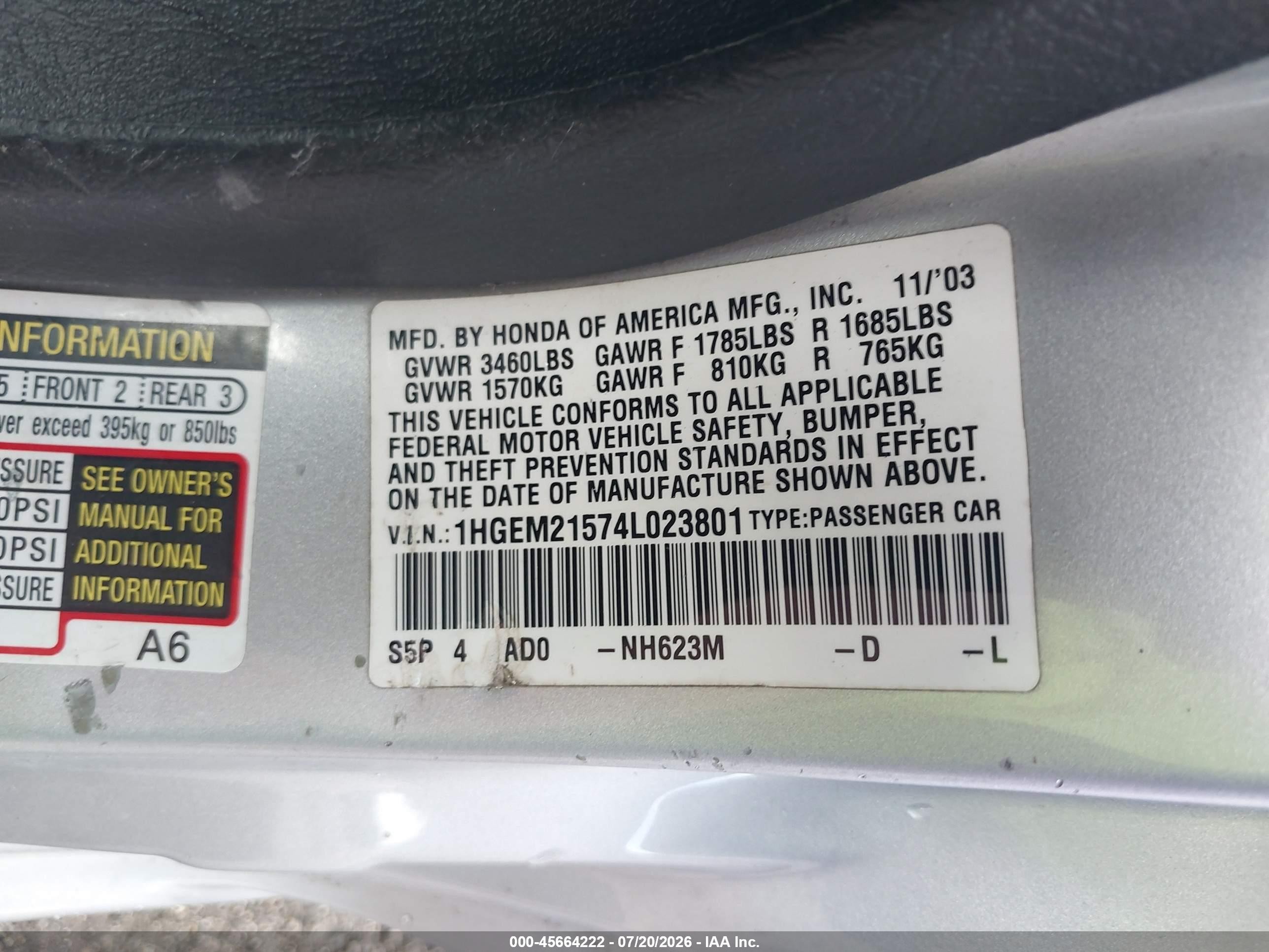 2004 Honda Civic Lx Silver vin: 1HGEM21574L023801