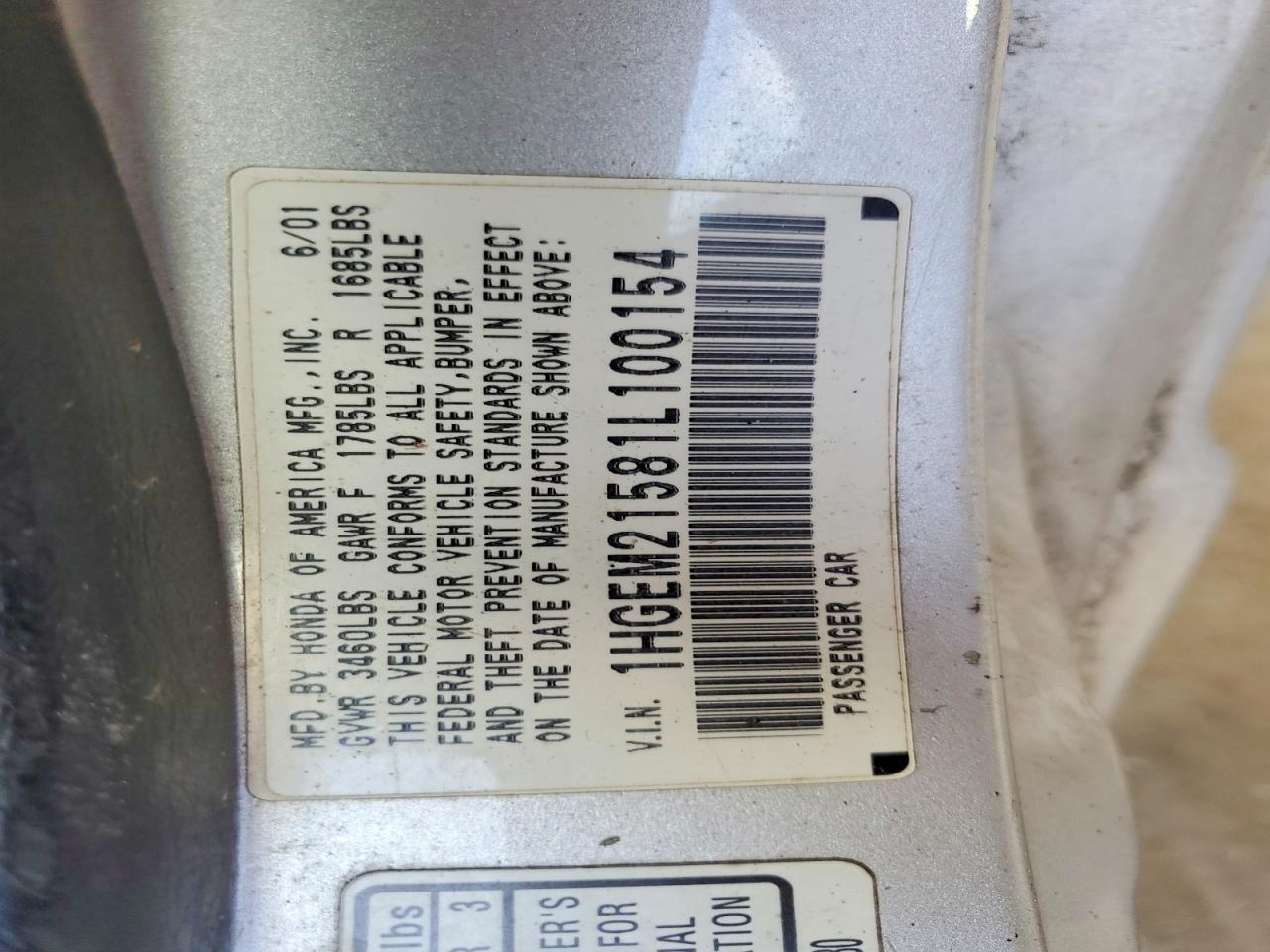 2001 Honda Civic Lx Серебряный vin: 1HGEM21581L100154