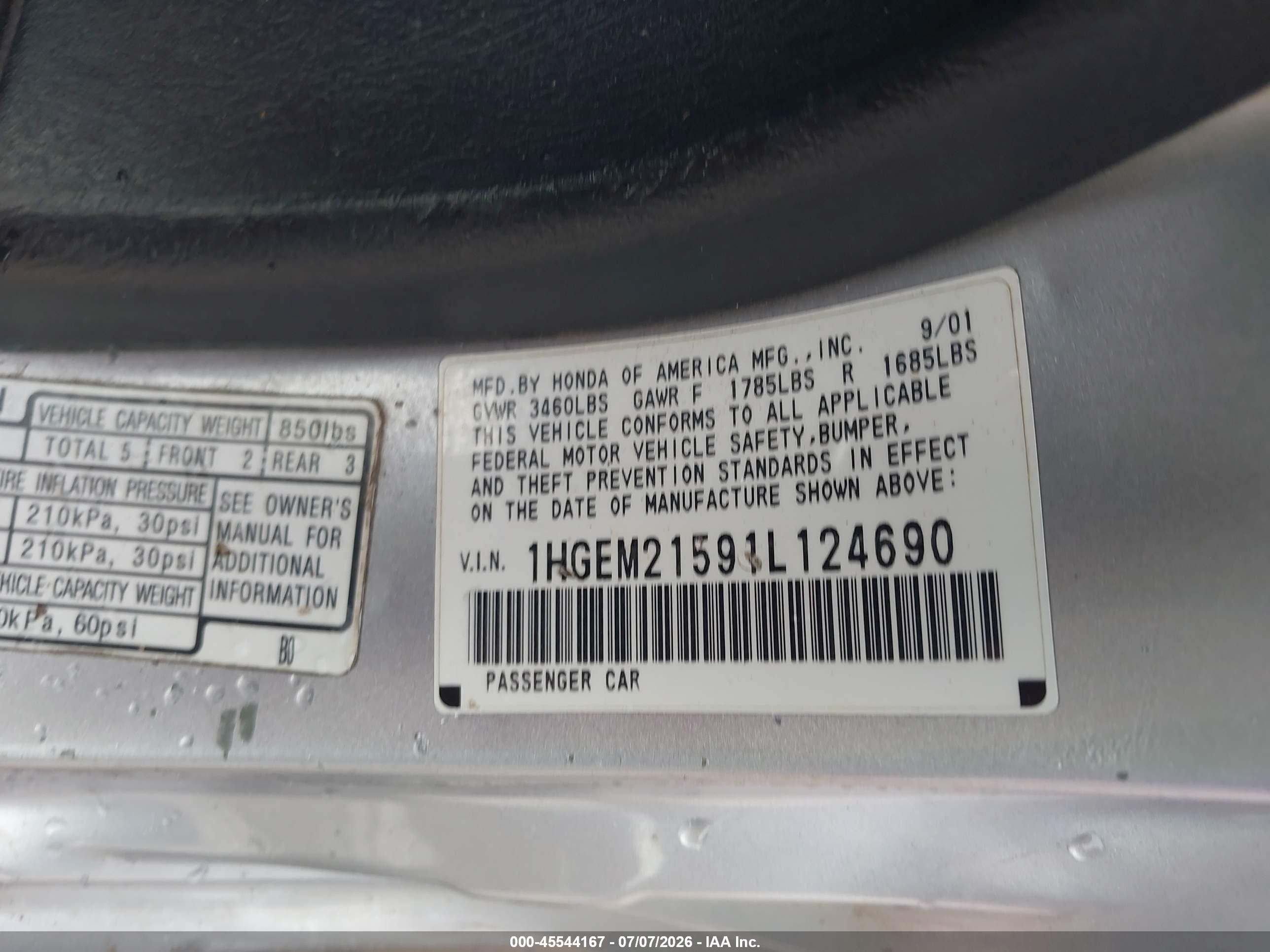 2001 Honda Civic Lx Silver vin: 1HGEM21591L124690