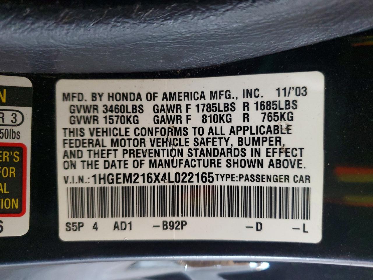 2004 Honda Civic Lx Black vin: 1HGEM216X4L022165