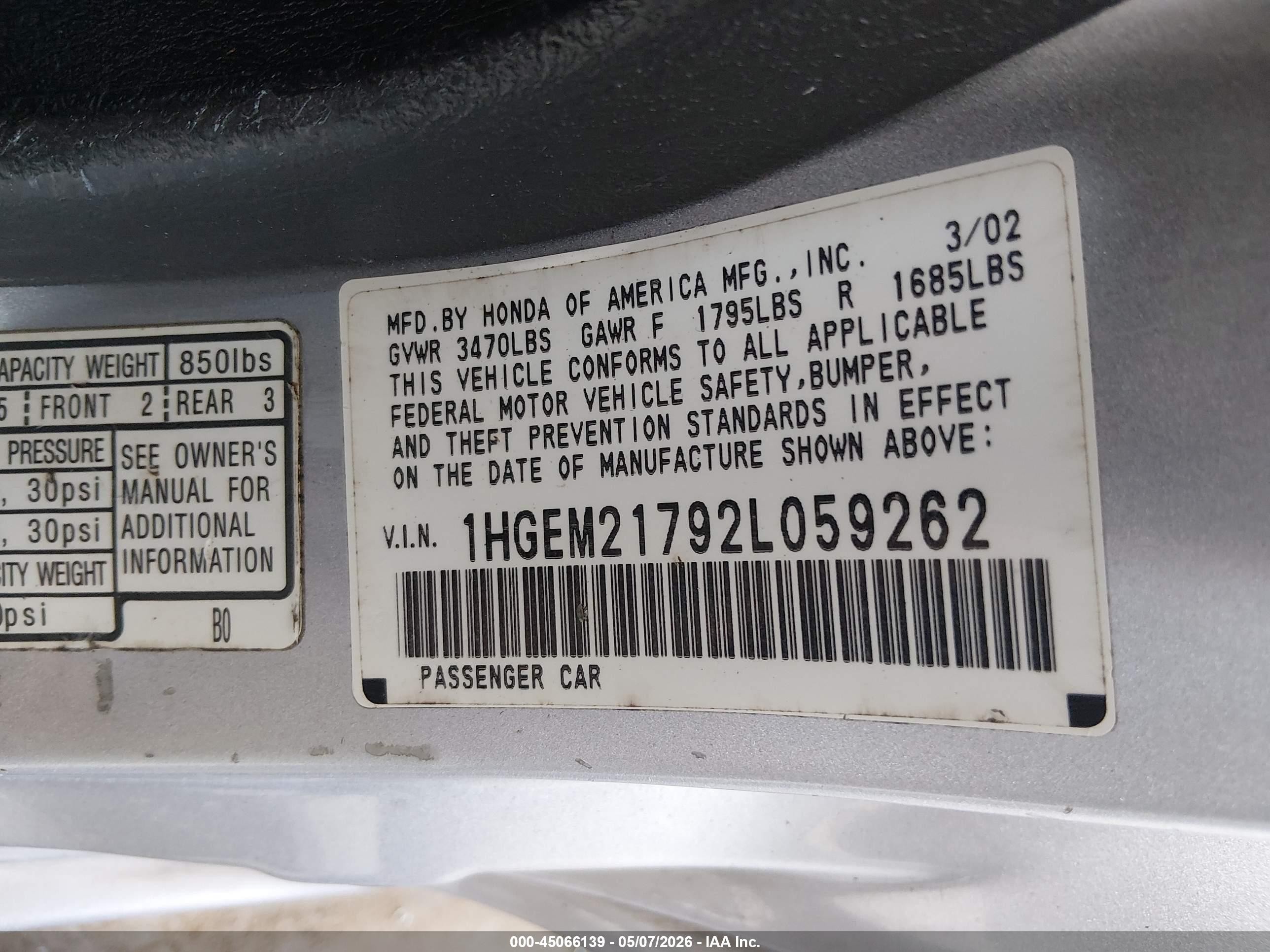 2002 Honda Civic Hx Серебряный vin: 1HGEM21792L059262