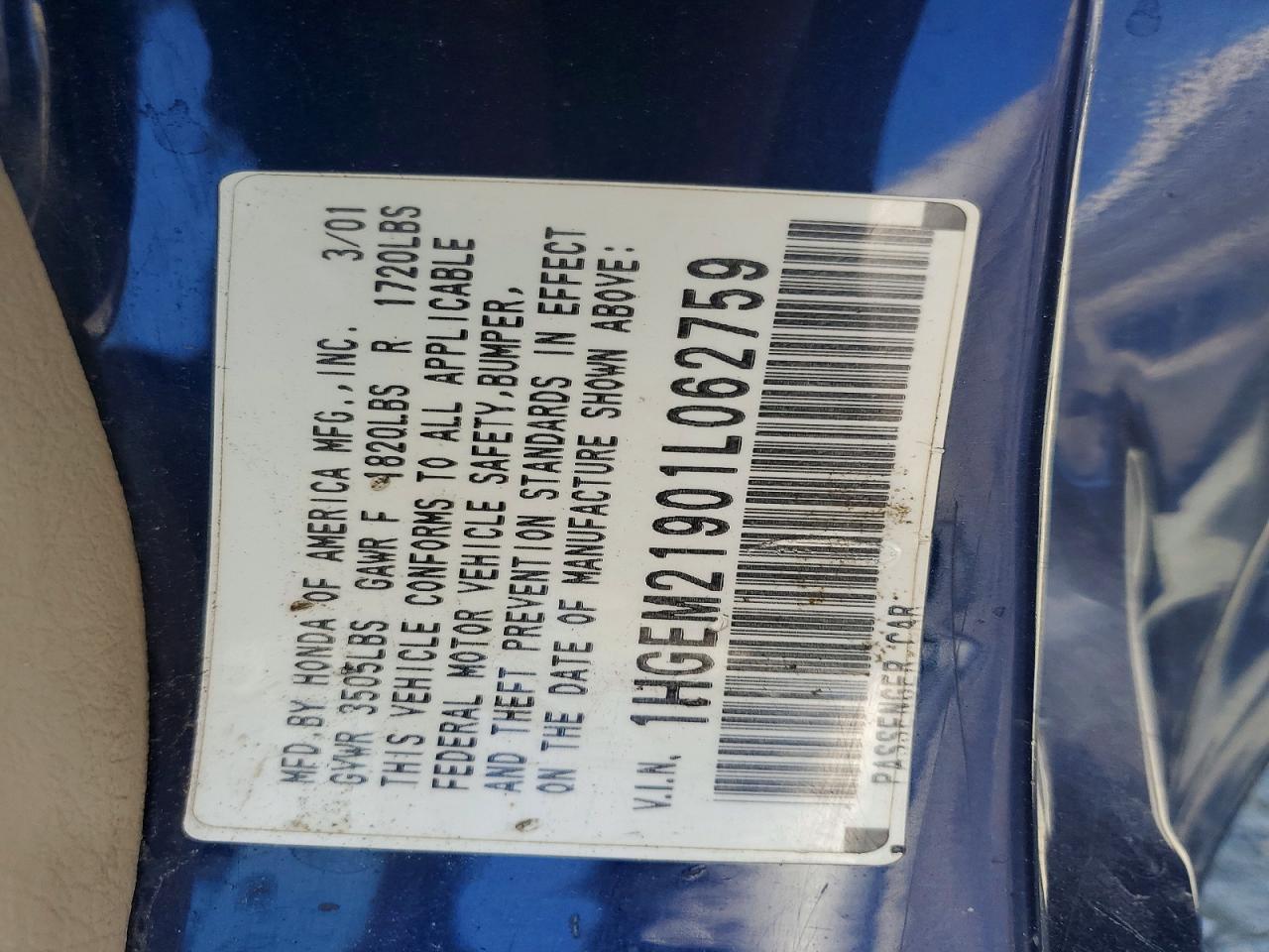 2001 Honda Civic Si Blue vin: 1HGEM21901L062759