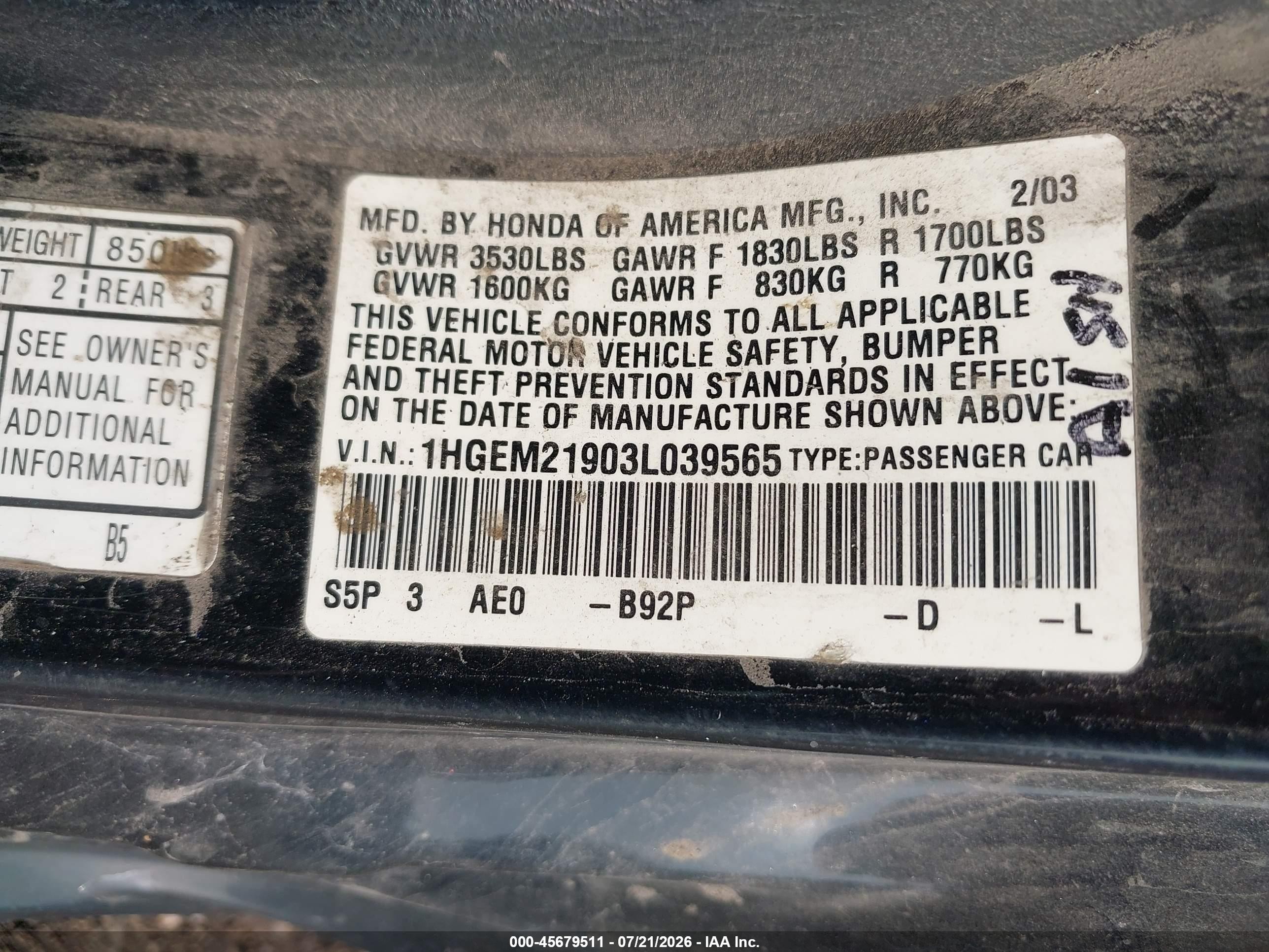 2003 Honda Civic Ex Black vin: 1HGEM21903L039565