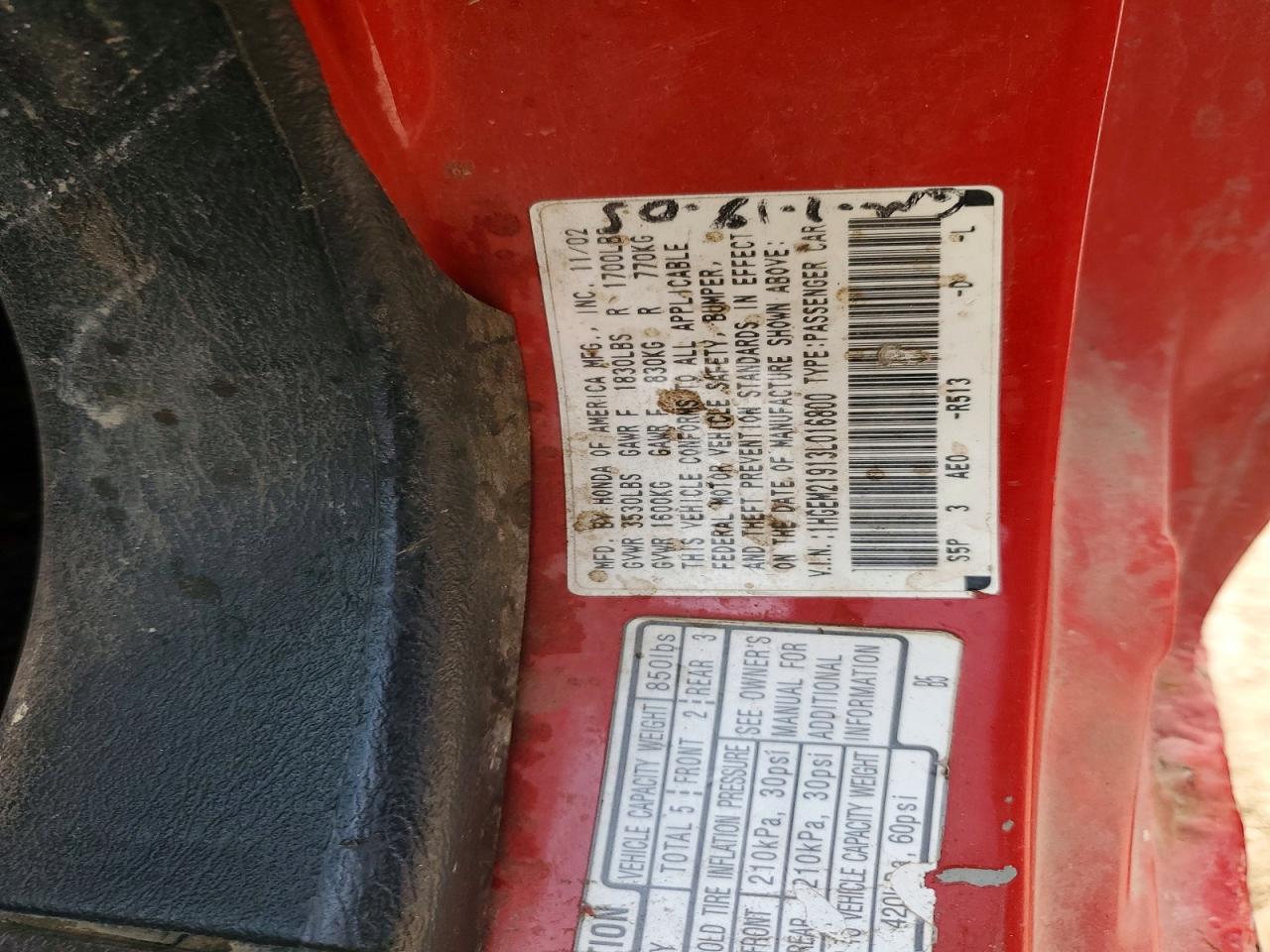 2003 Honda Civic Ex Red vin: 1HGEM21913L016800