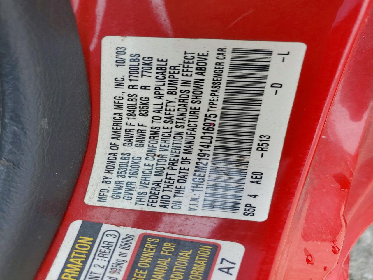 2004 Honda Civic Ex Red vin: 1HGEM21914L016975