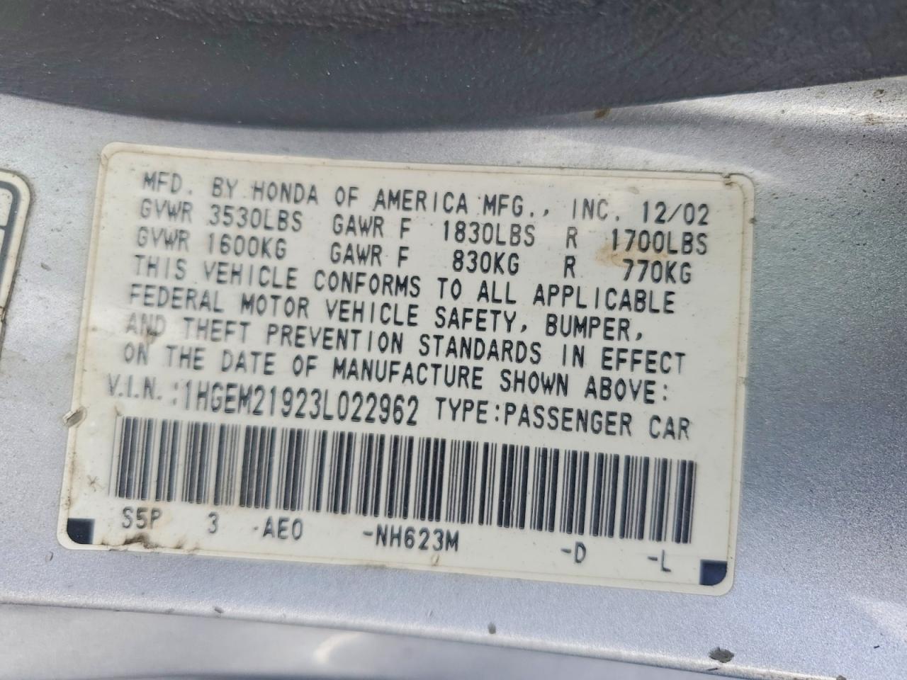2003 Honda Civic Ex Серебряный vin: 1HGEM21923L022962