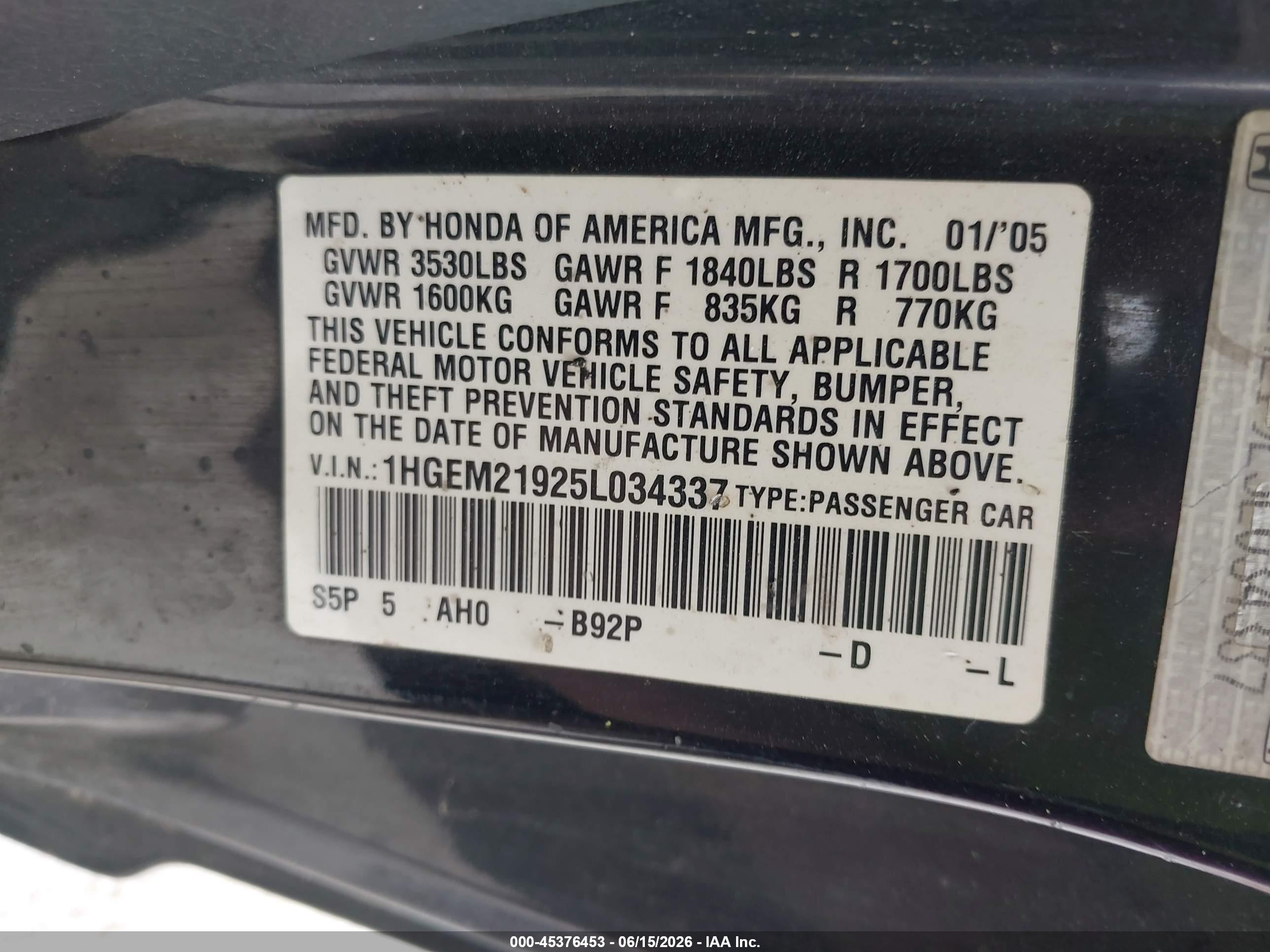 2005 Honda Civic Ex Black vin: 1HGEM21925L034337