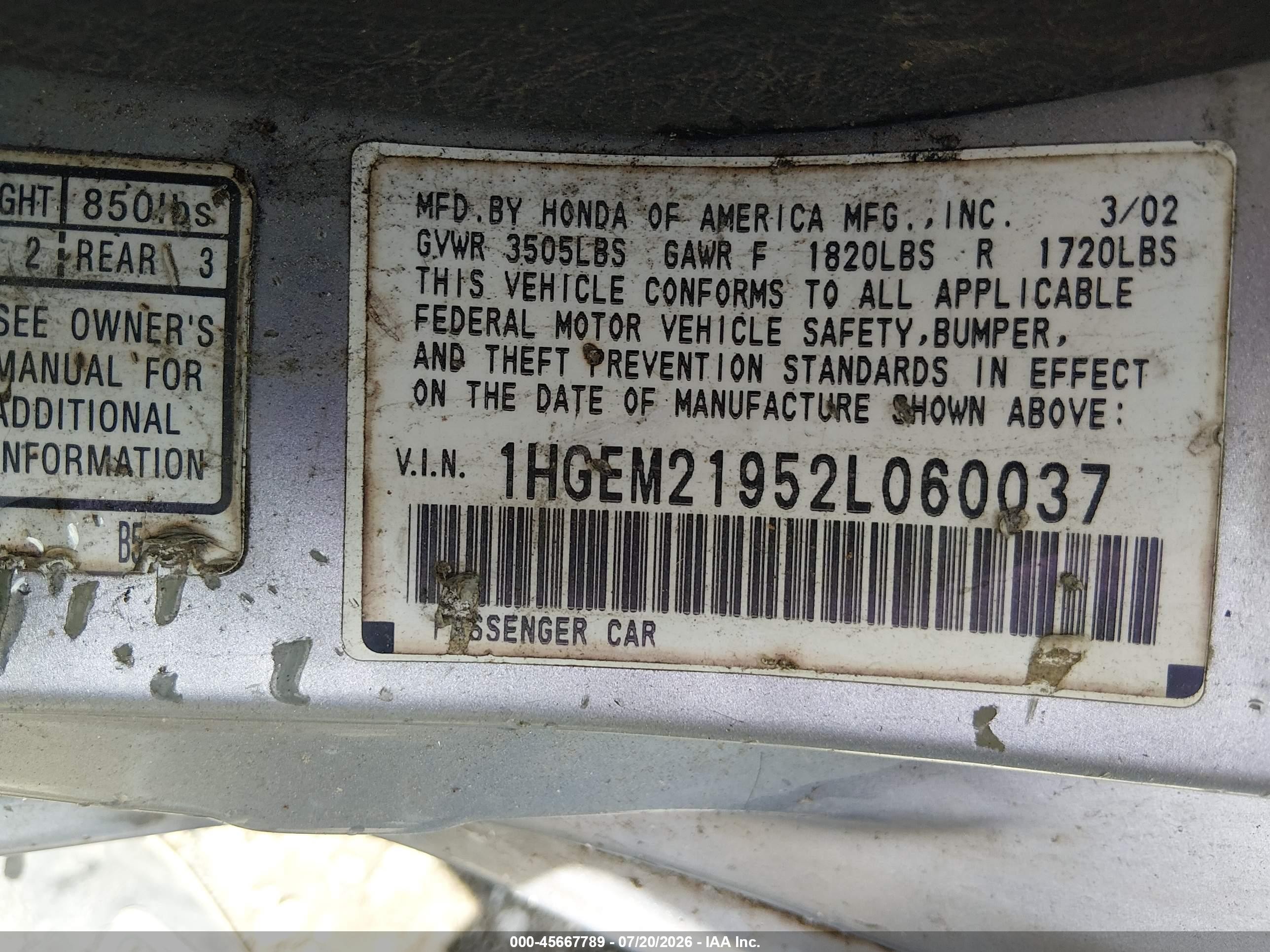 2002 Honda Civic Ex Silver vin: 1HGEM21952L060037