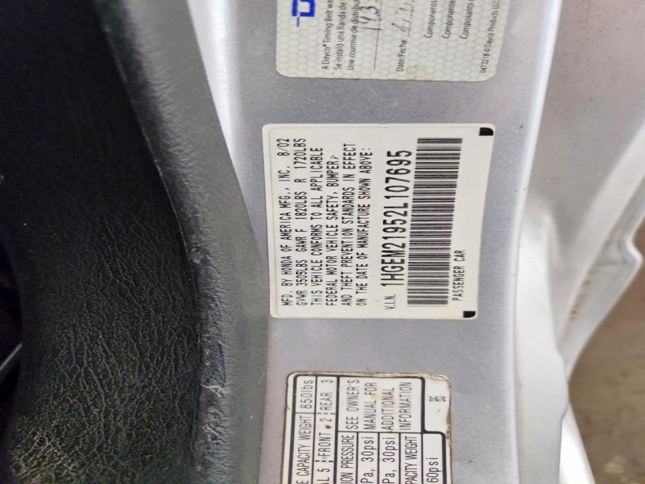 2002 Honda Civic Ex Silver vin: 1HGEM21952L107695
