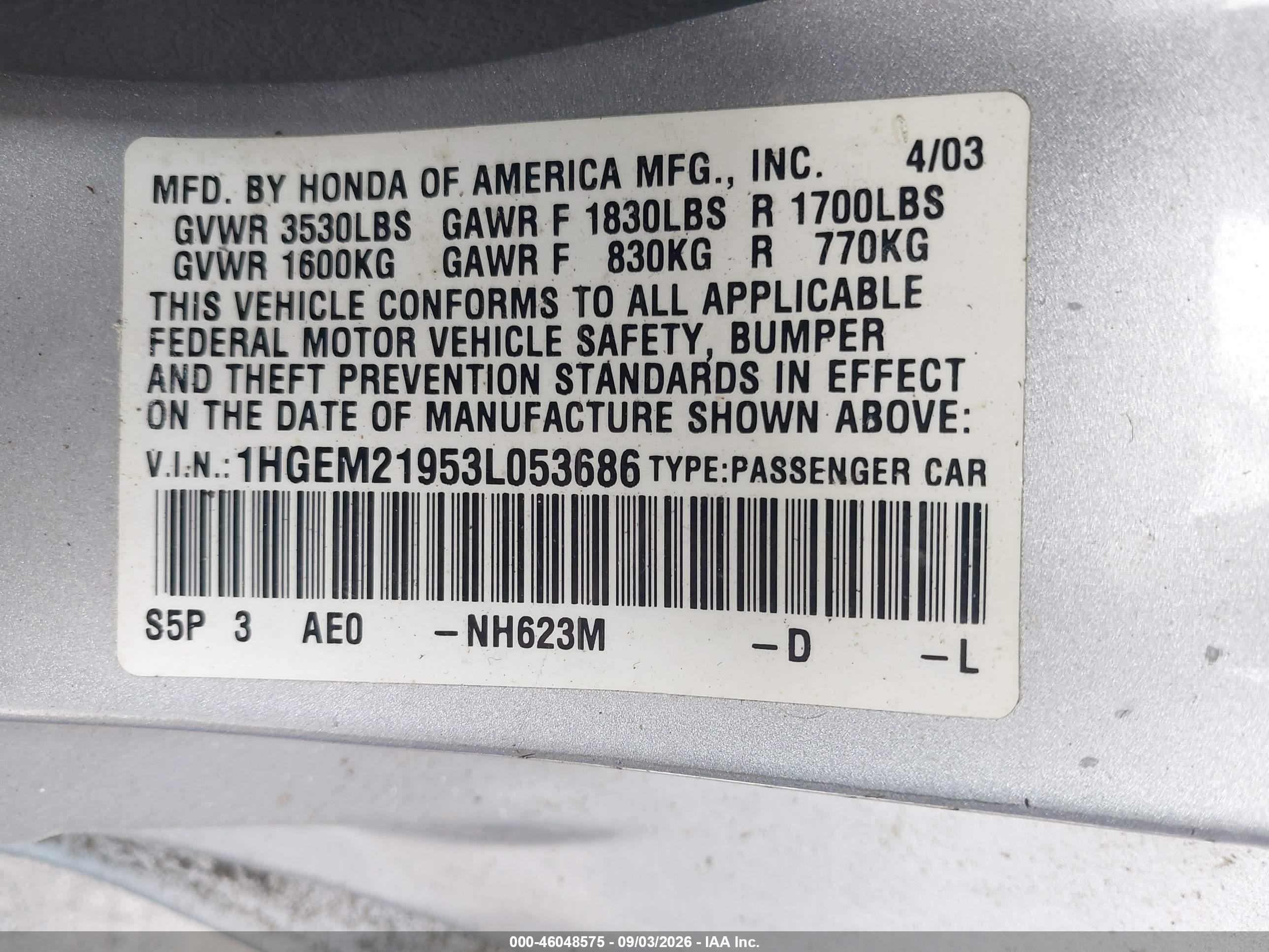 2003 Honda Civic Ex Silver vin: 1HGEM21953L053686