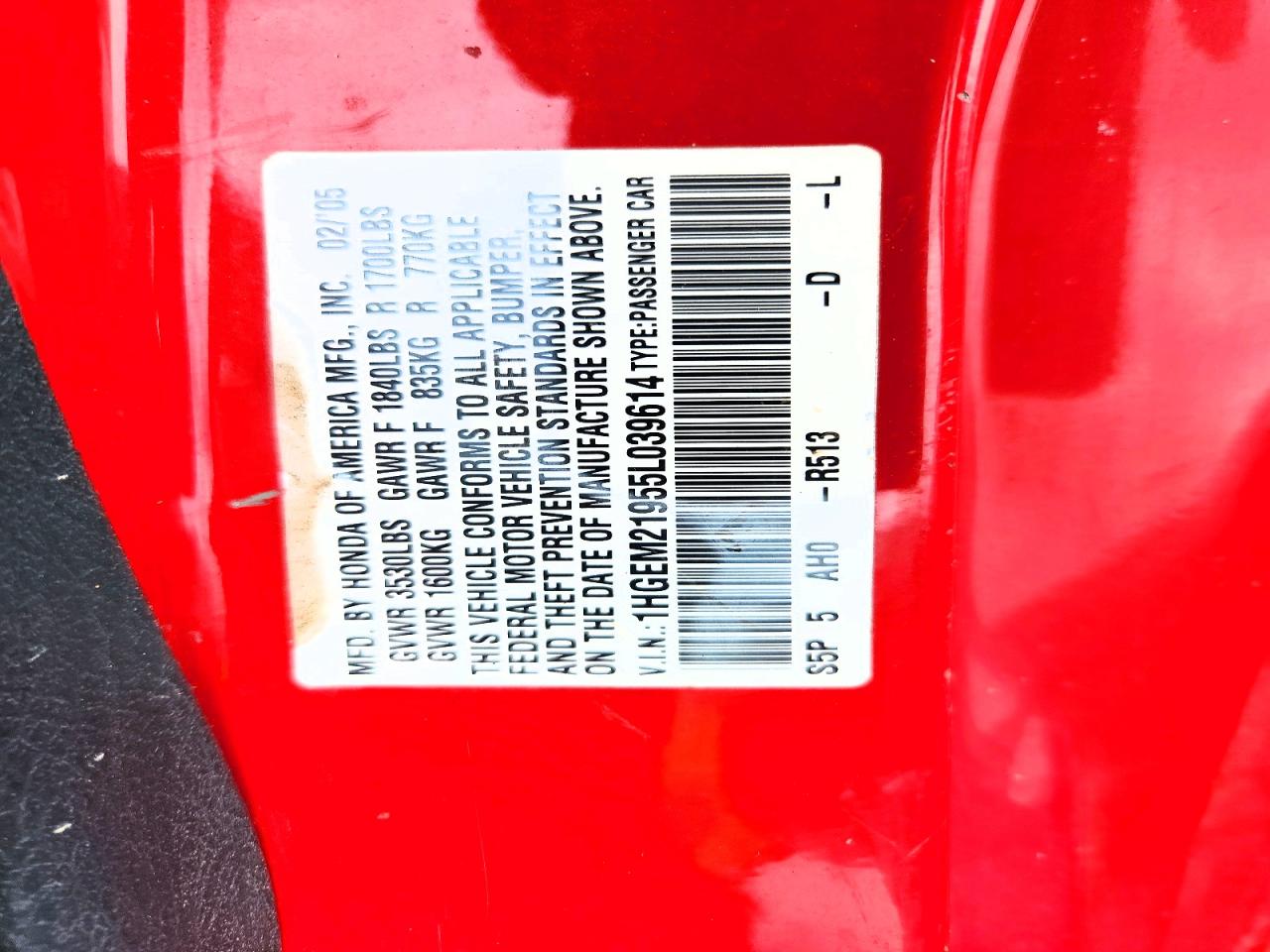 2005 Honda Civic Ex Red vin: 1HGEM21955L039614