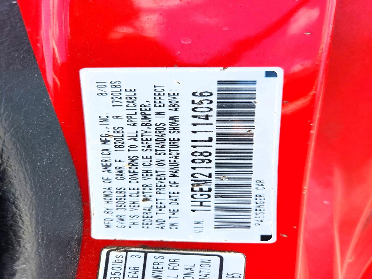 2001 Honda Civic Si Красный vin: 1HGEM21981L114056