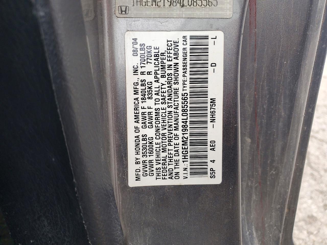 2004 Honda Civic Ex Серебряный vin: 1HGEM21984L085565