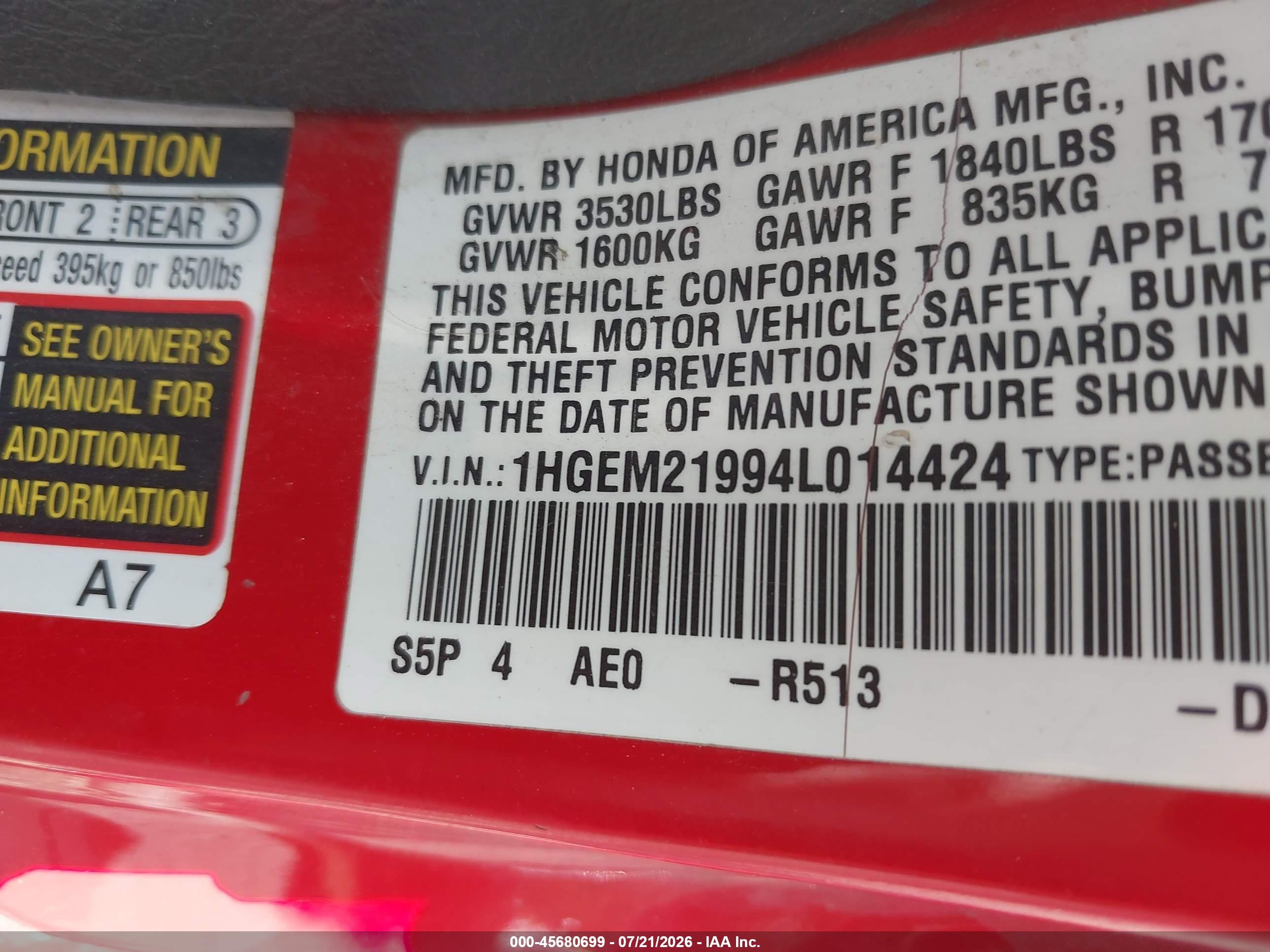 2004 Honda Civic Ex Red vin: 1HGEM21994L014424