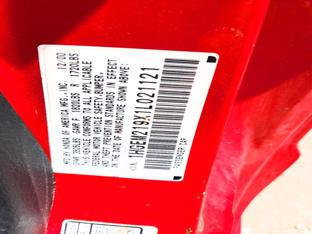 2001 Honda Civic Si Red vin: 1HGEM219X1L021121