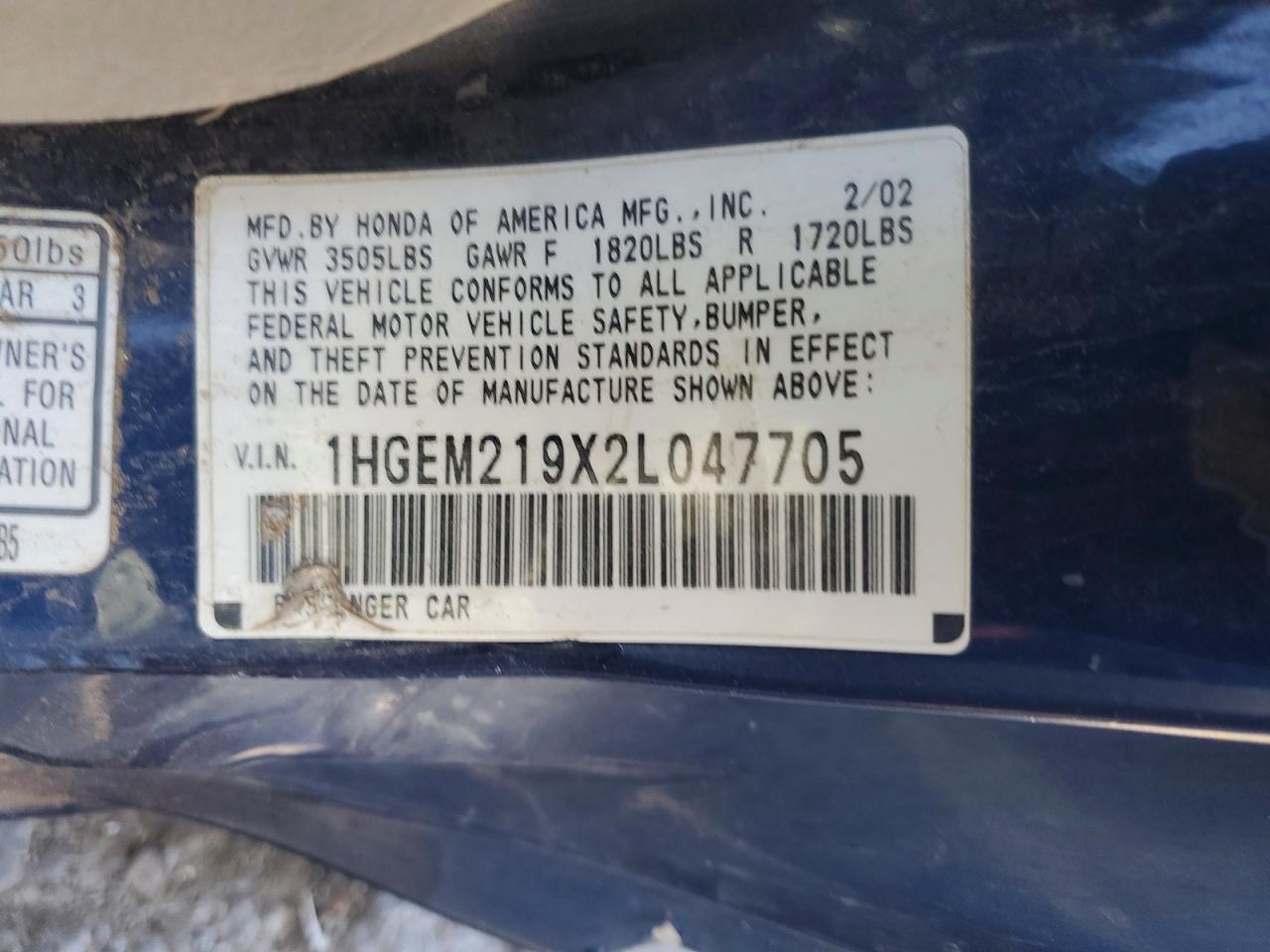 2002 Honda Civic Ex Blue vin: 1HGEM219X2L047705