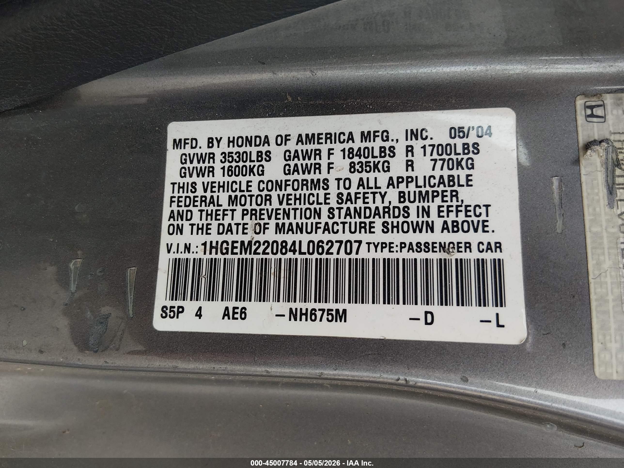 2004 Honda Civic Ex Champagne vin: 1HGEM22084L062707