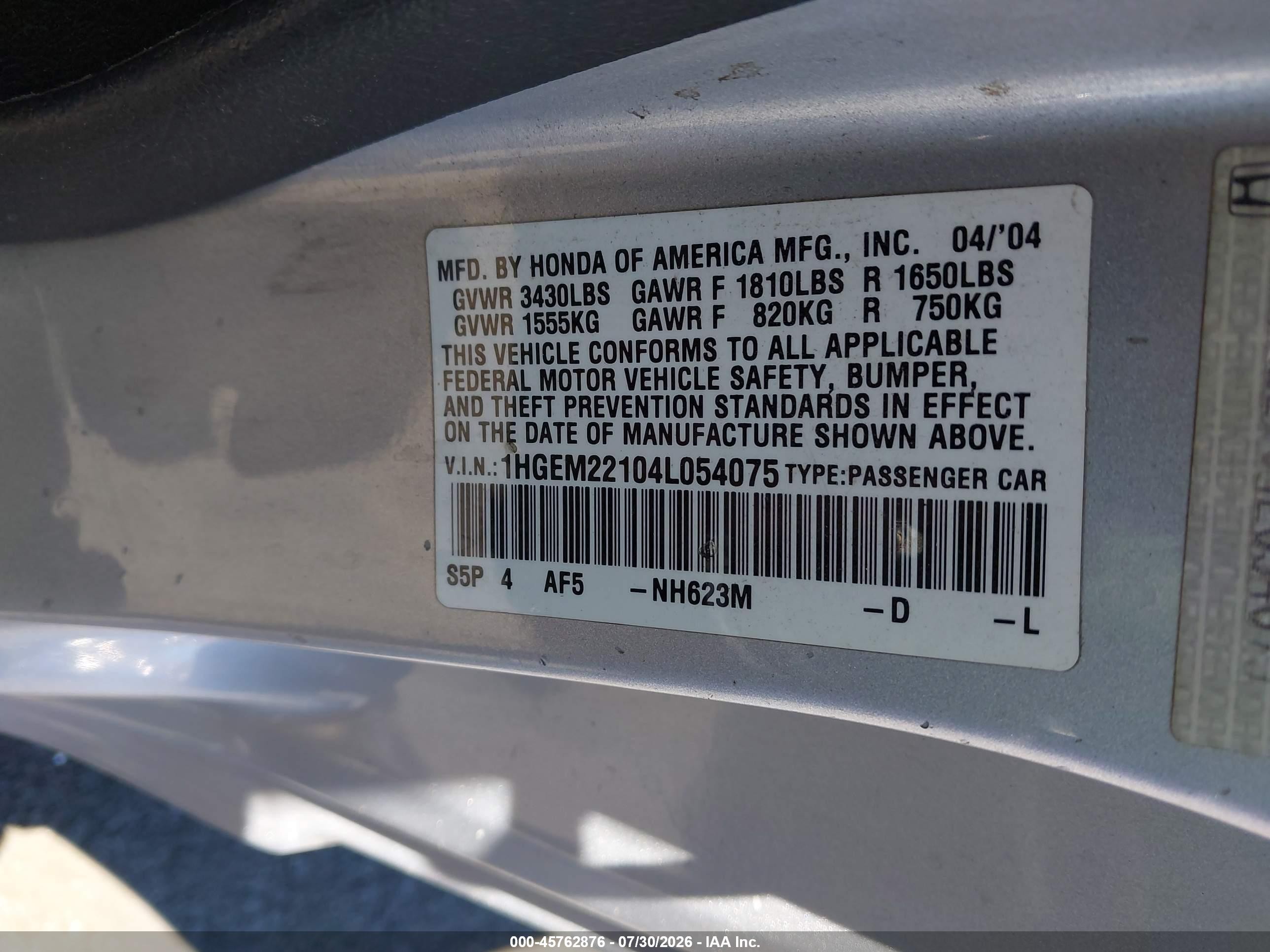 2004 Honda Civic Vp Silver vin: 1HGEM22104L054075