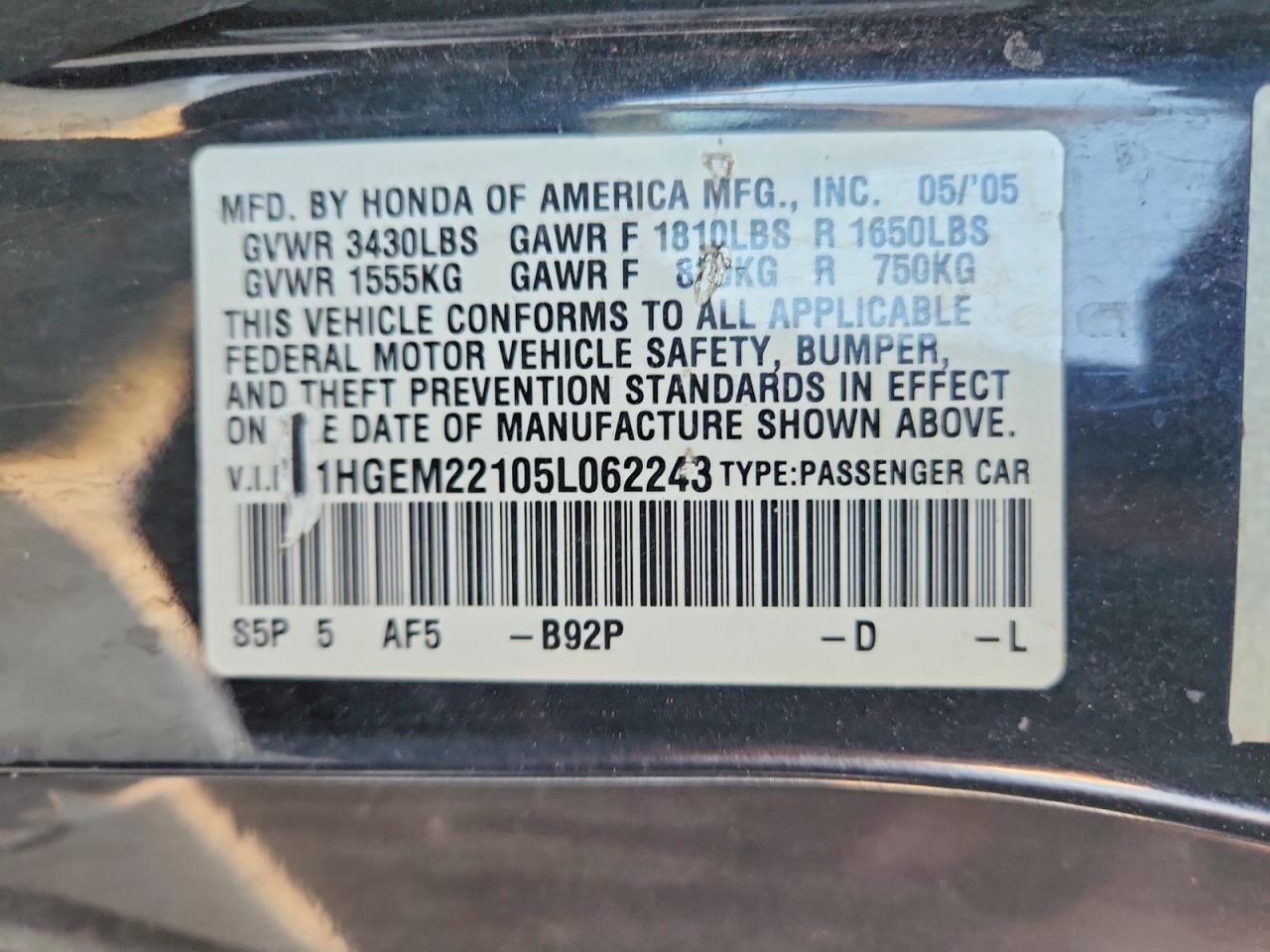 2005 Honda Civic Dx Vp Black vin: 1HGEM22105L062243