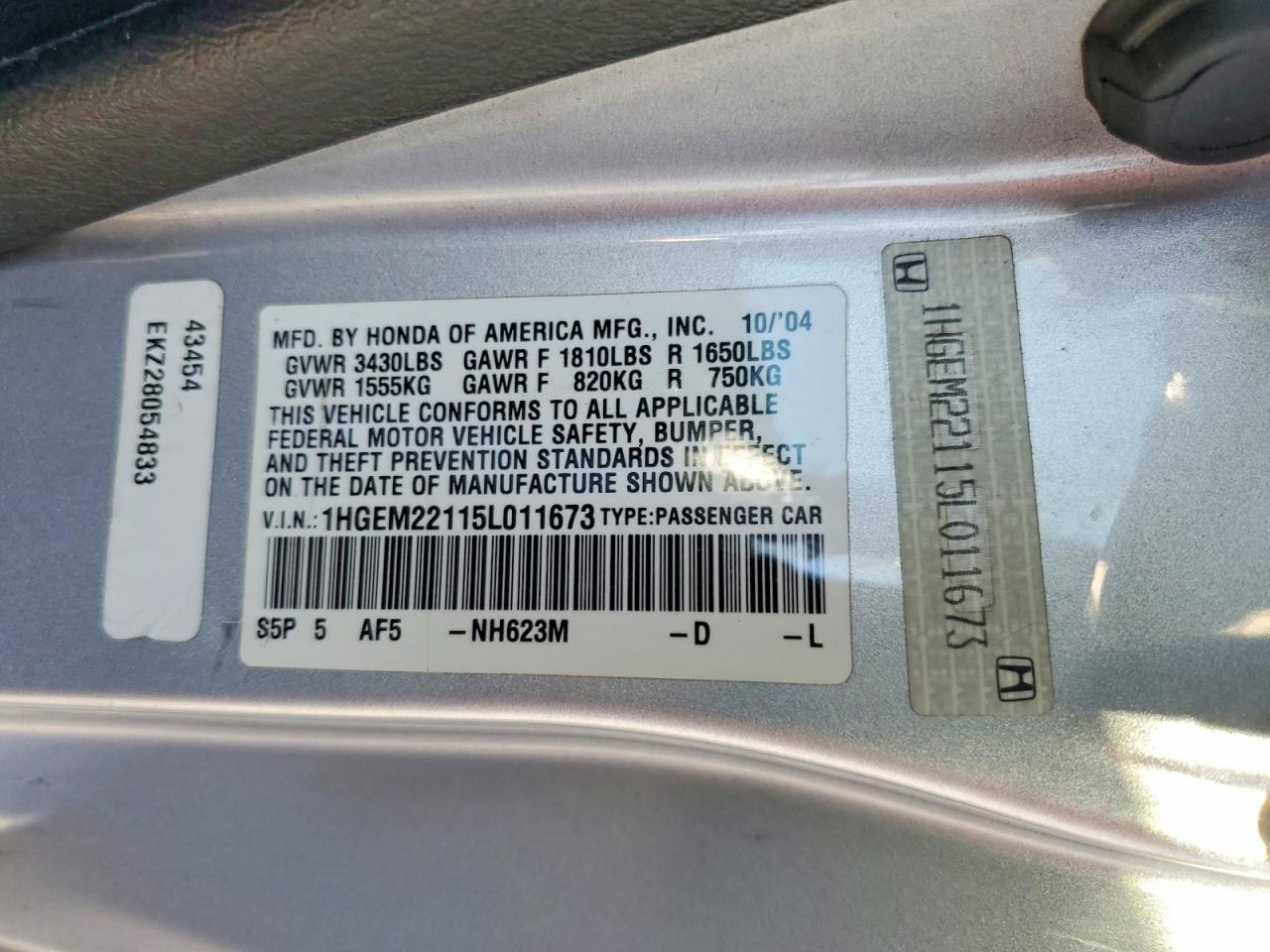 2005 Honda Civic Dx Vp Silver vin: 1HGEM22115L011673