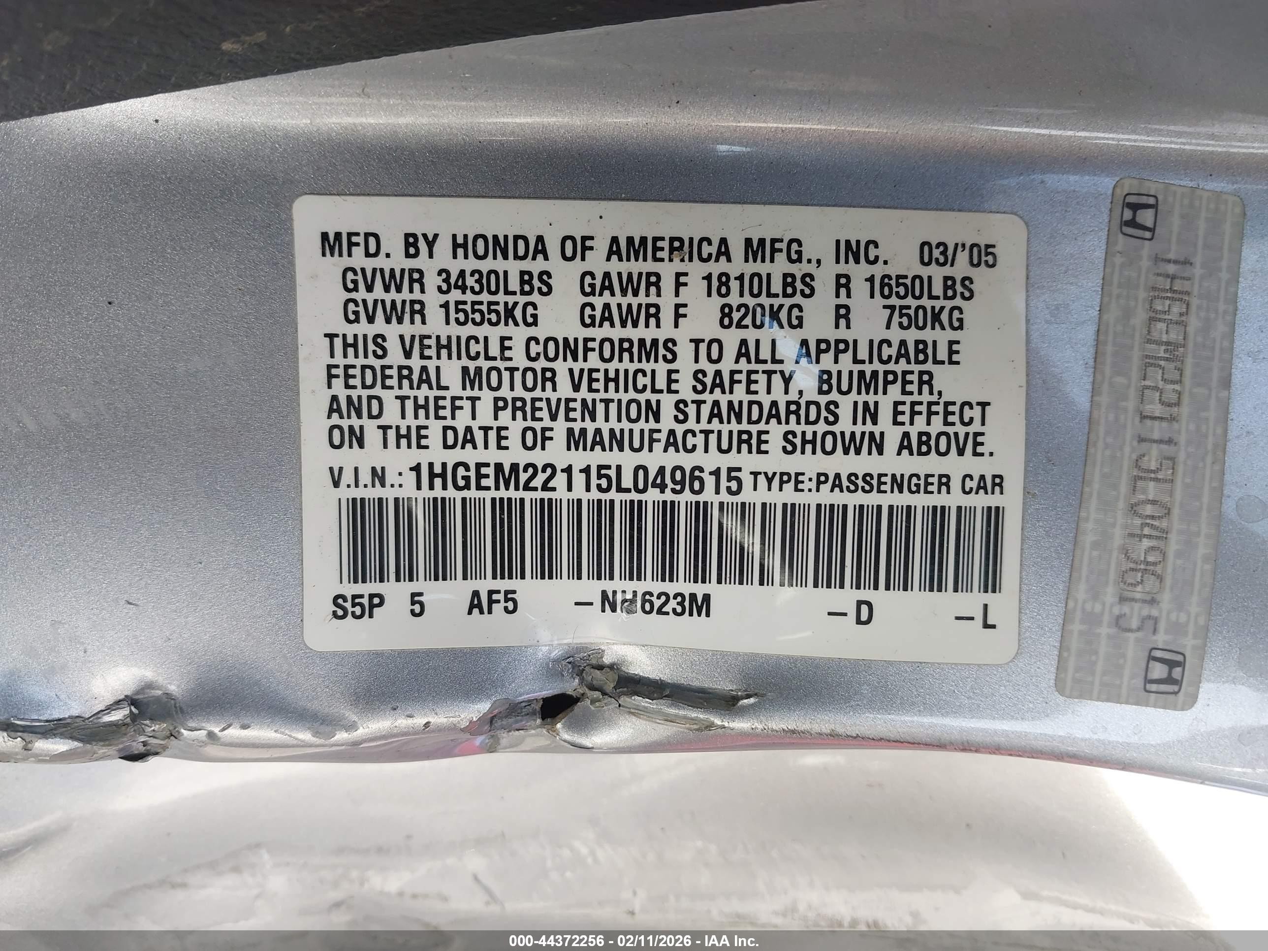 2005 Honda Civic Vp Silver vin: 1HGEM22115L049615