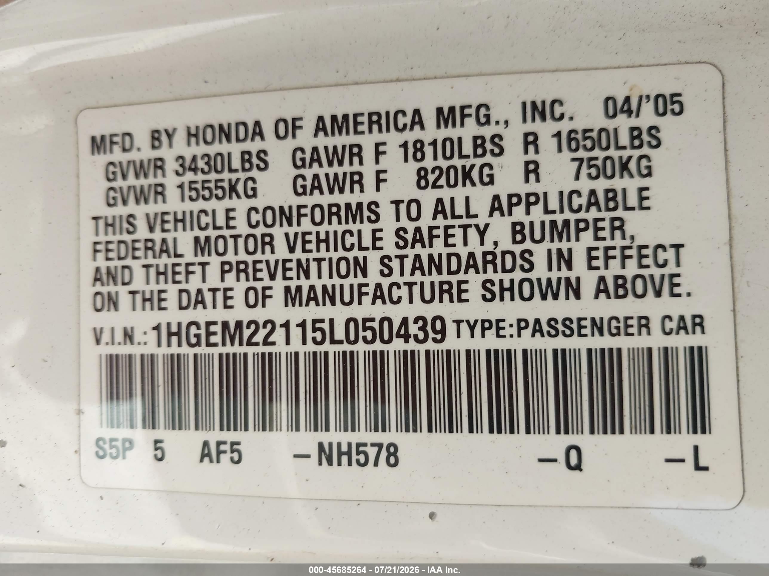 2005 Honda Civic Vp White vin: 1HGEM22115L050439