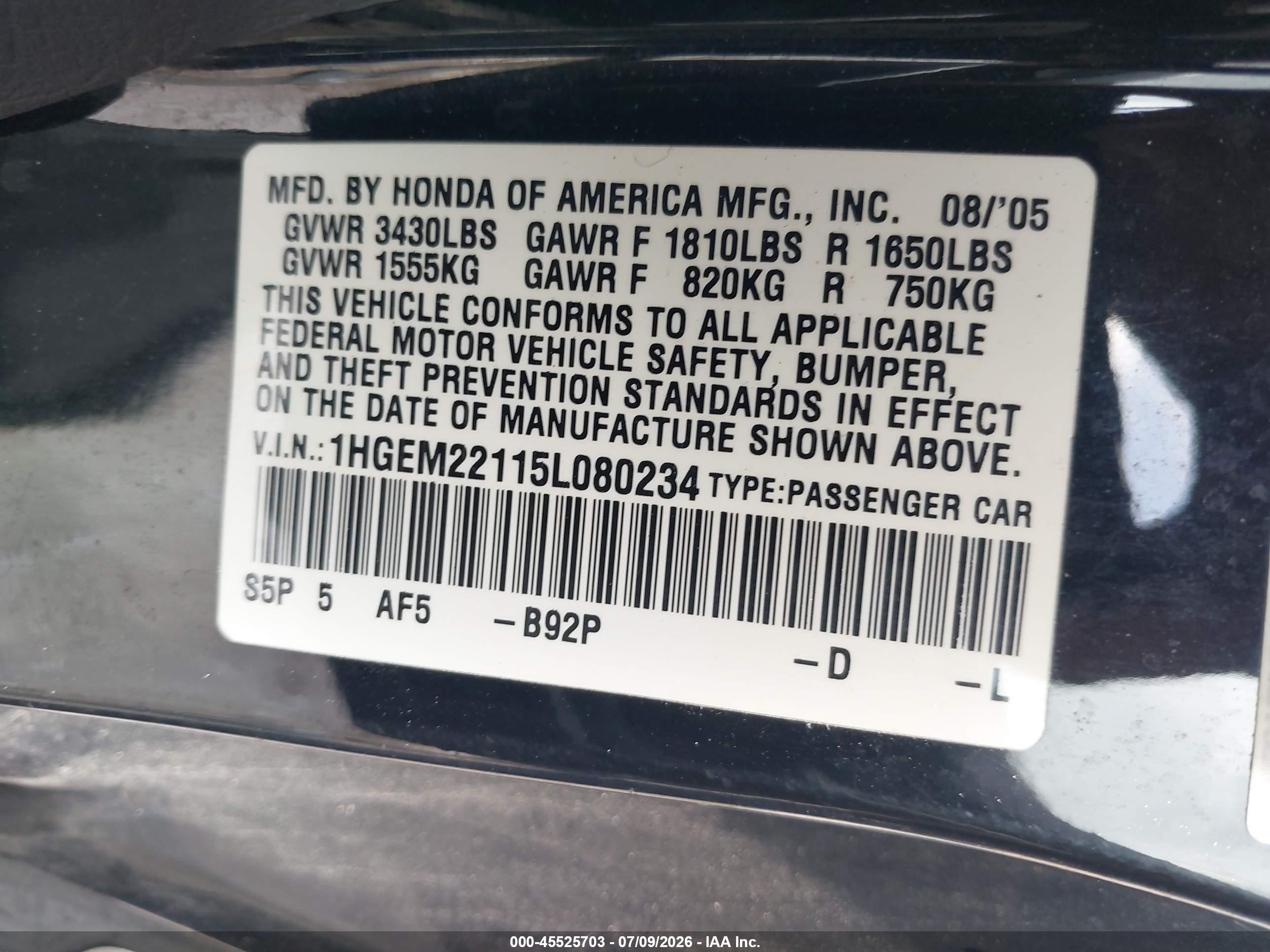 2005 Honda Civic Vp Black vin: 1HGEM22115L080234