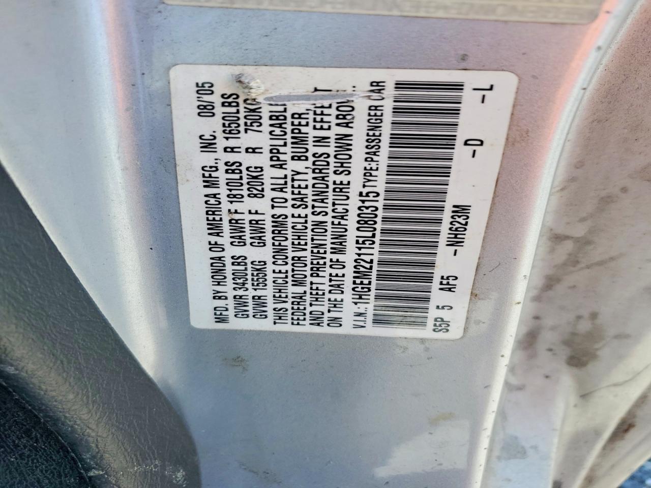 2005 Honda Civic Dx Vp Silver vin: 1HGEM22115L080315