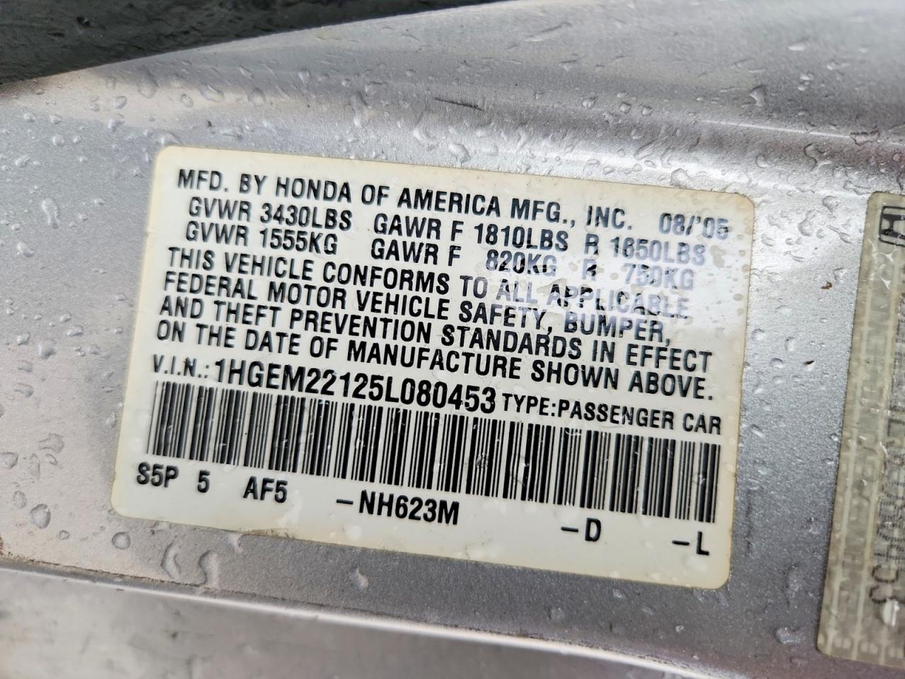 2005 Honda Civic Dx Vp Silver vin: 1HGEM22125L080453