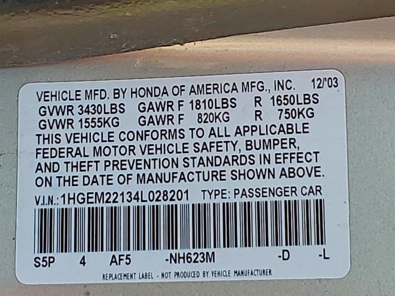2004 Honda Civic Dx Vp Silver vin: 1HGEM22134L028201