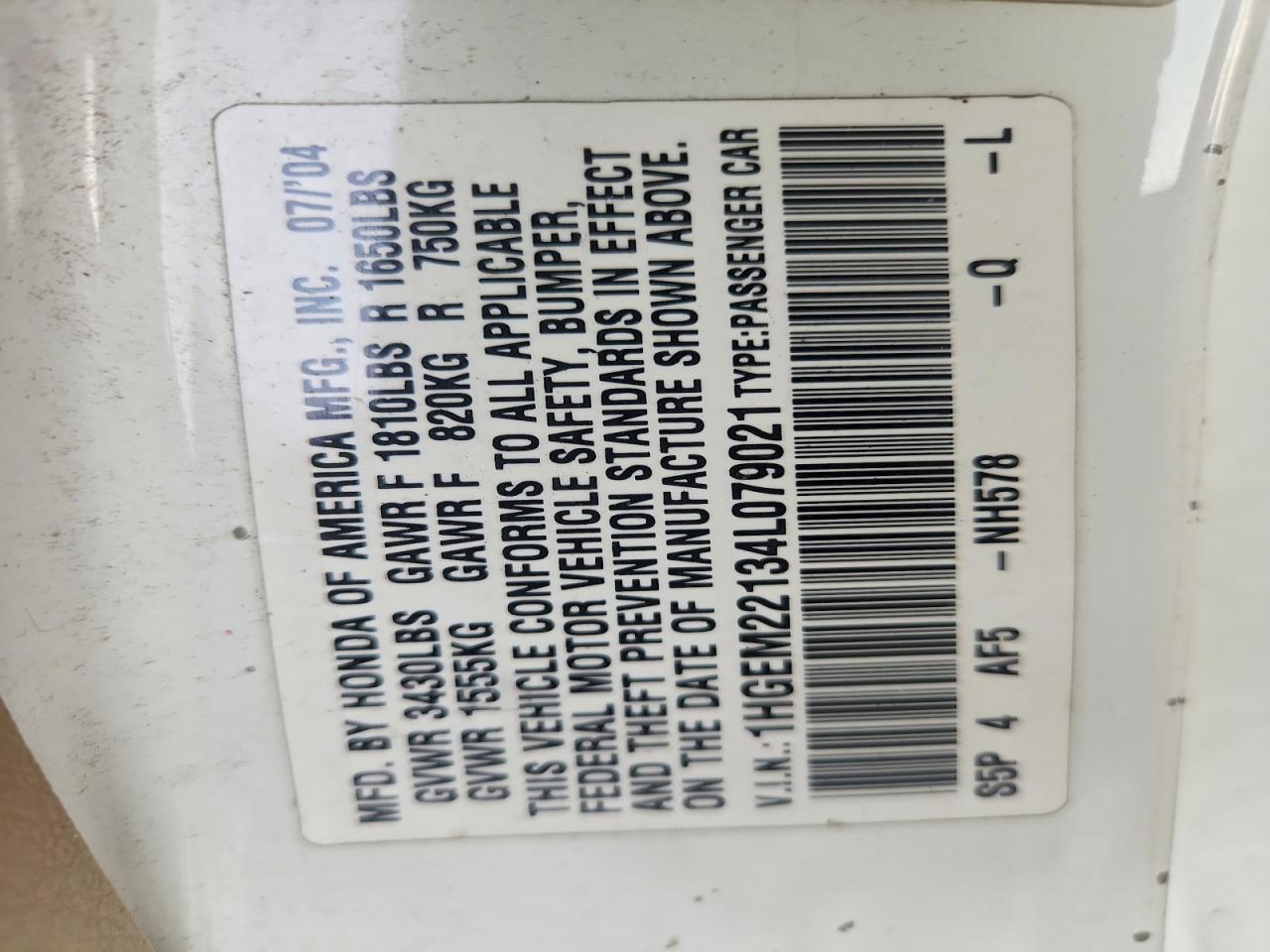 2004 Honda Civic Dx Vp White vin: 1HGEM22134L079021