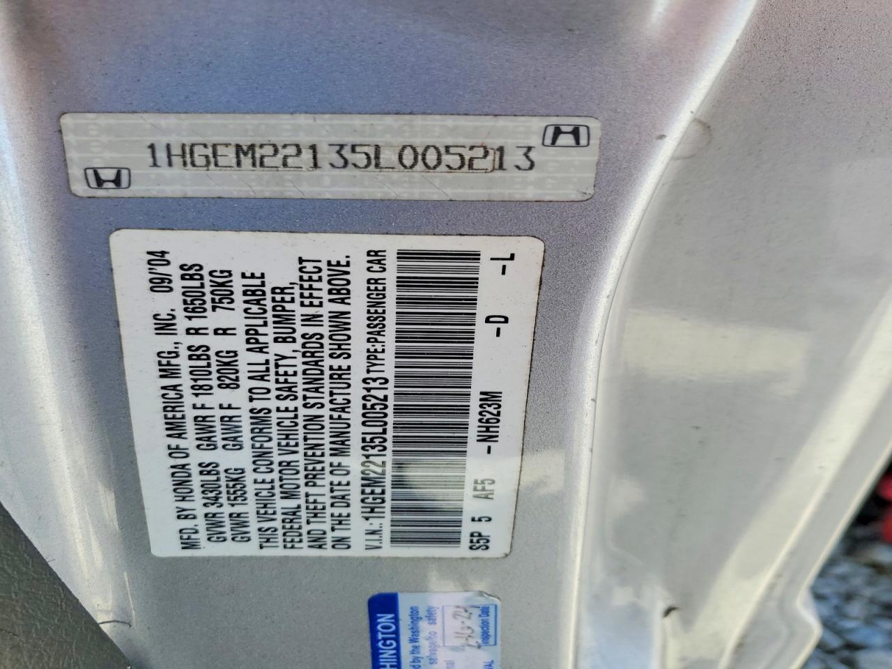 2005 Honda Civic Dx Vp Серебряный vin: 1HGEM22135L005213