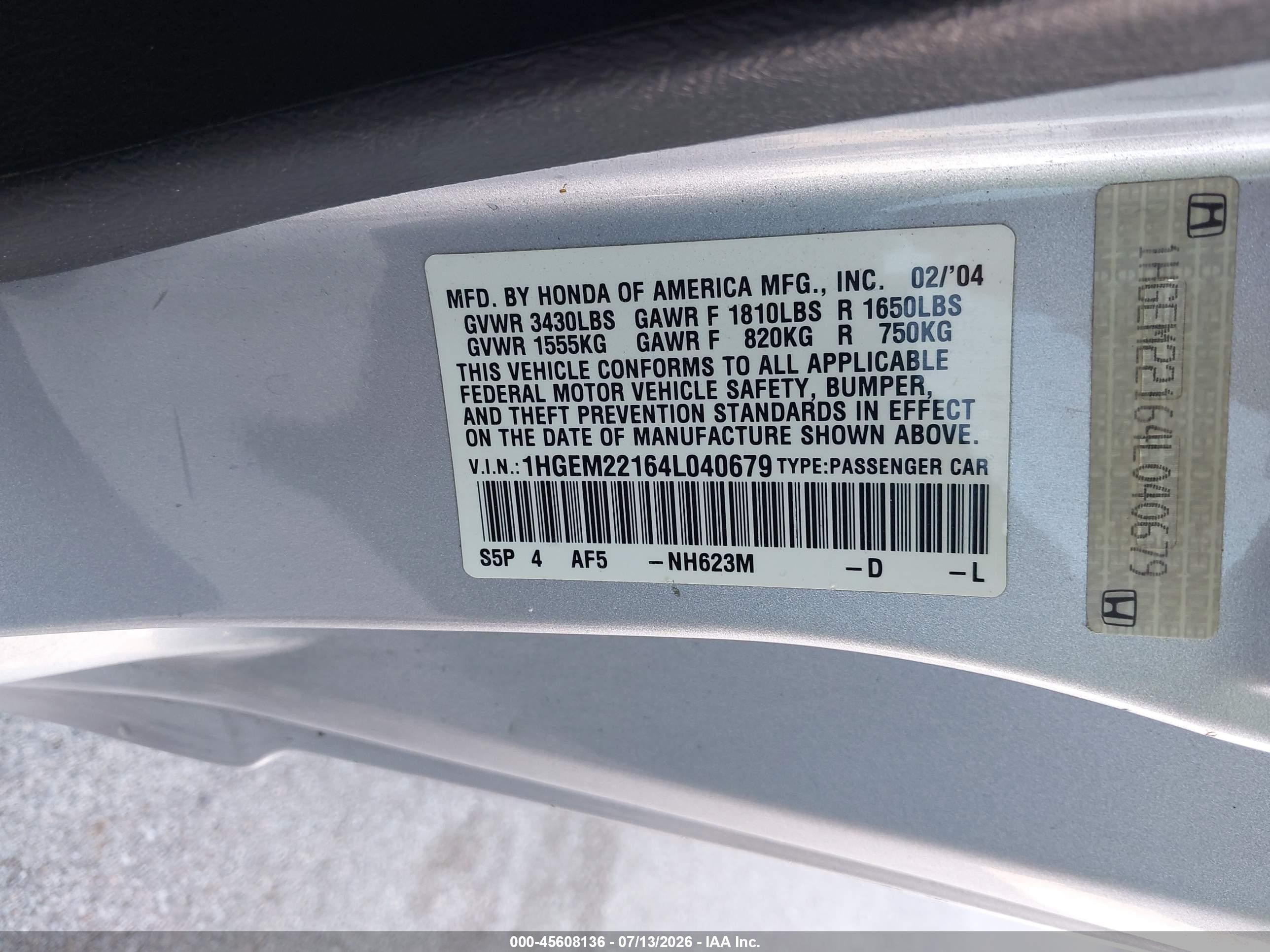 2004 Honda Civic Vp Silver vin: 1HGEM22164L040679