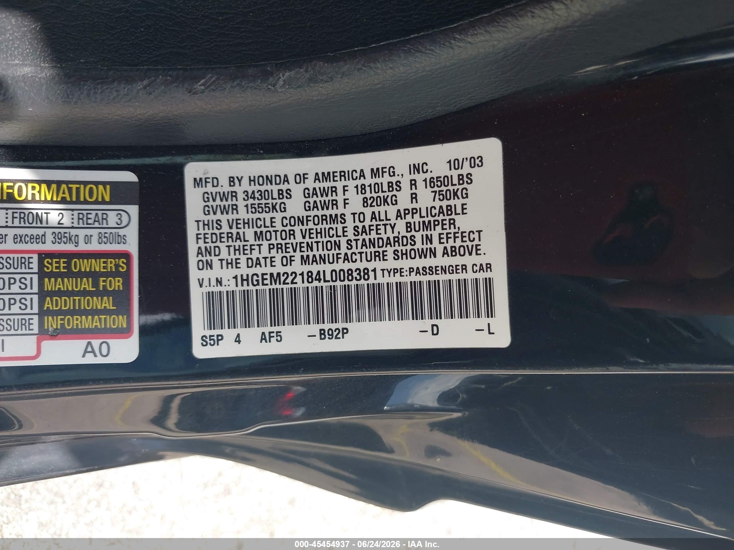 2004 Honda Civic Vp Черный vin: 1HGEM22184L008381