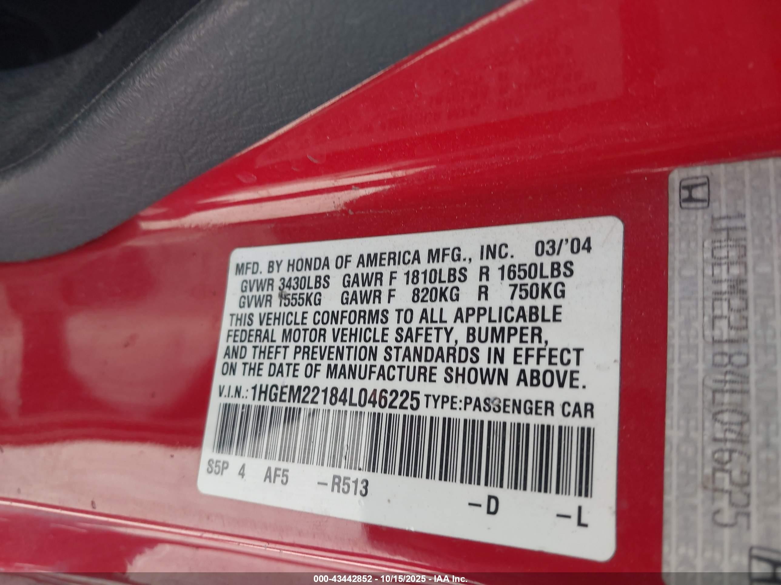 2004 Honda Civic Vp Red vin: 1HGEM22184L046225