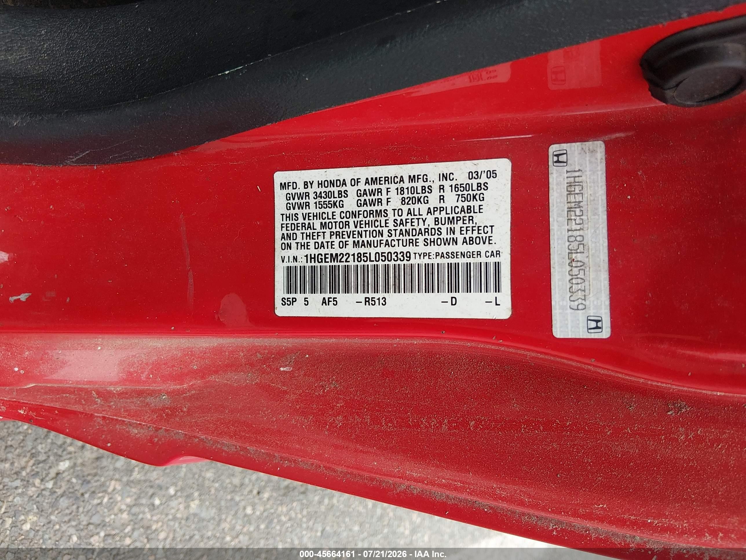 2005 Honda Civic Vp Red vin: 1HGEM22185L050339