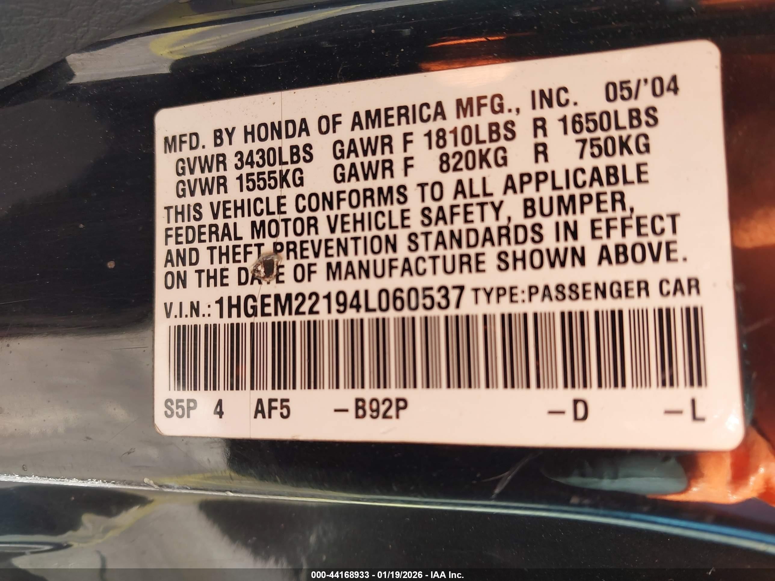 2004 Honda Civic Vp Black vin: 1HGEM22194L060537