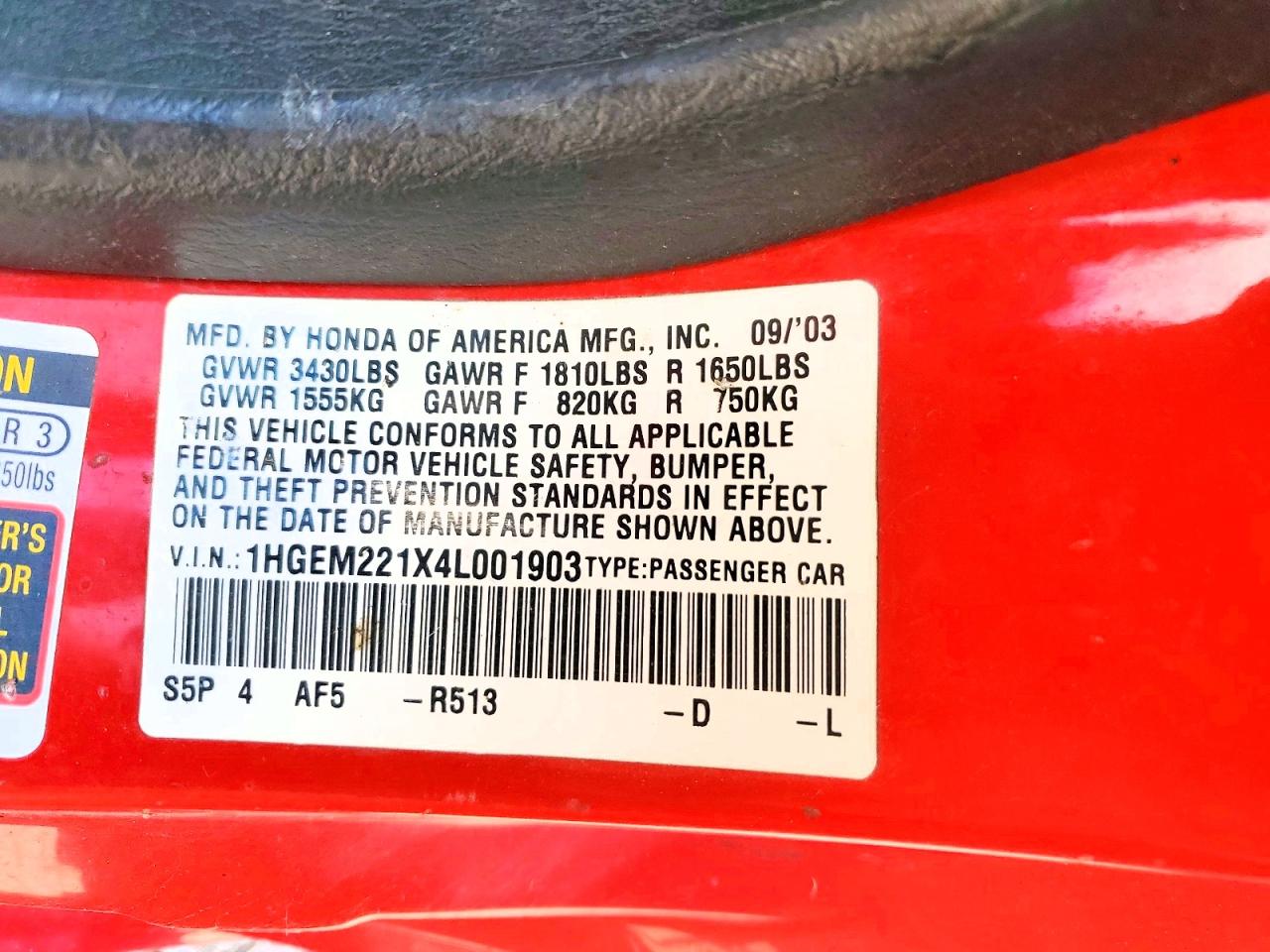 2004 Honda Civic Dx Vp Red vin: 1HGEM221X4L001903