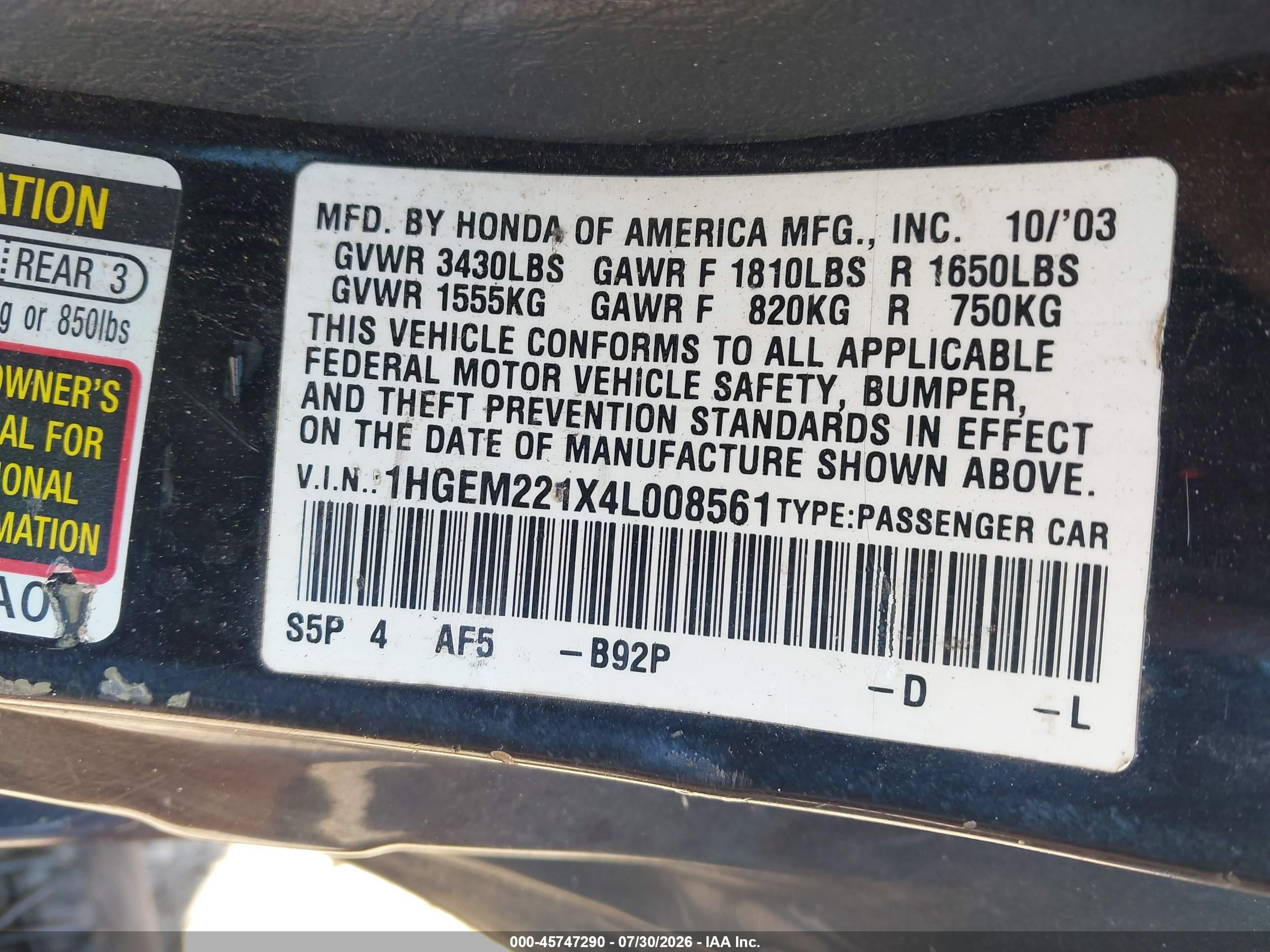 2004 Honda Civic Vp Black vin: 1HGEM221X4L008561