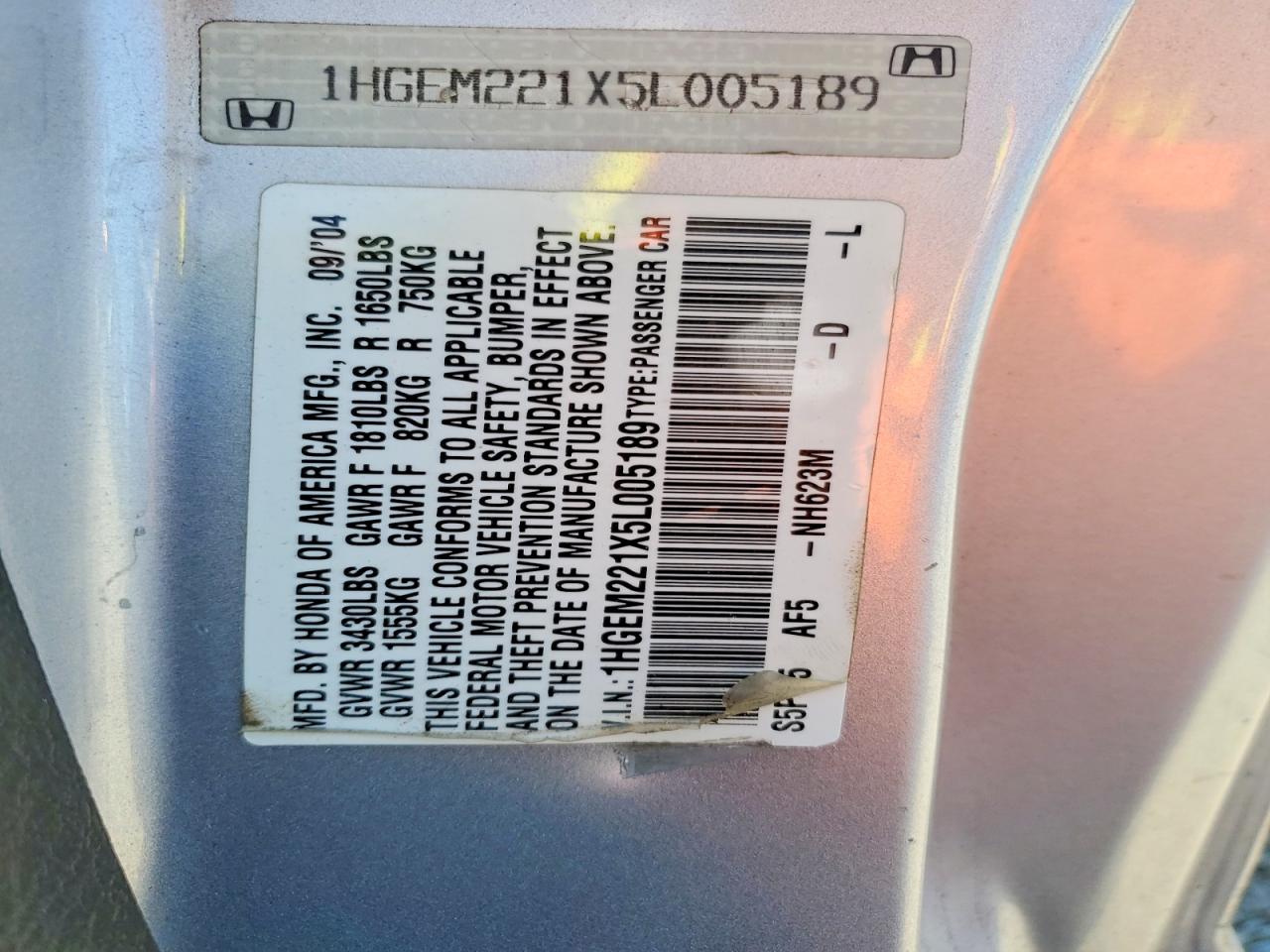 2005 Honda Civic Dx Vp Silver vin: 1HGEM221X5L005189