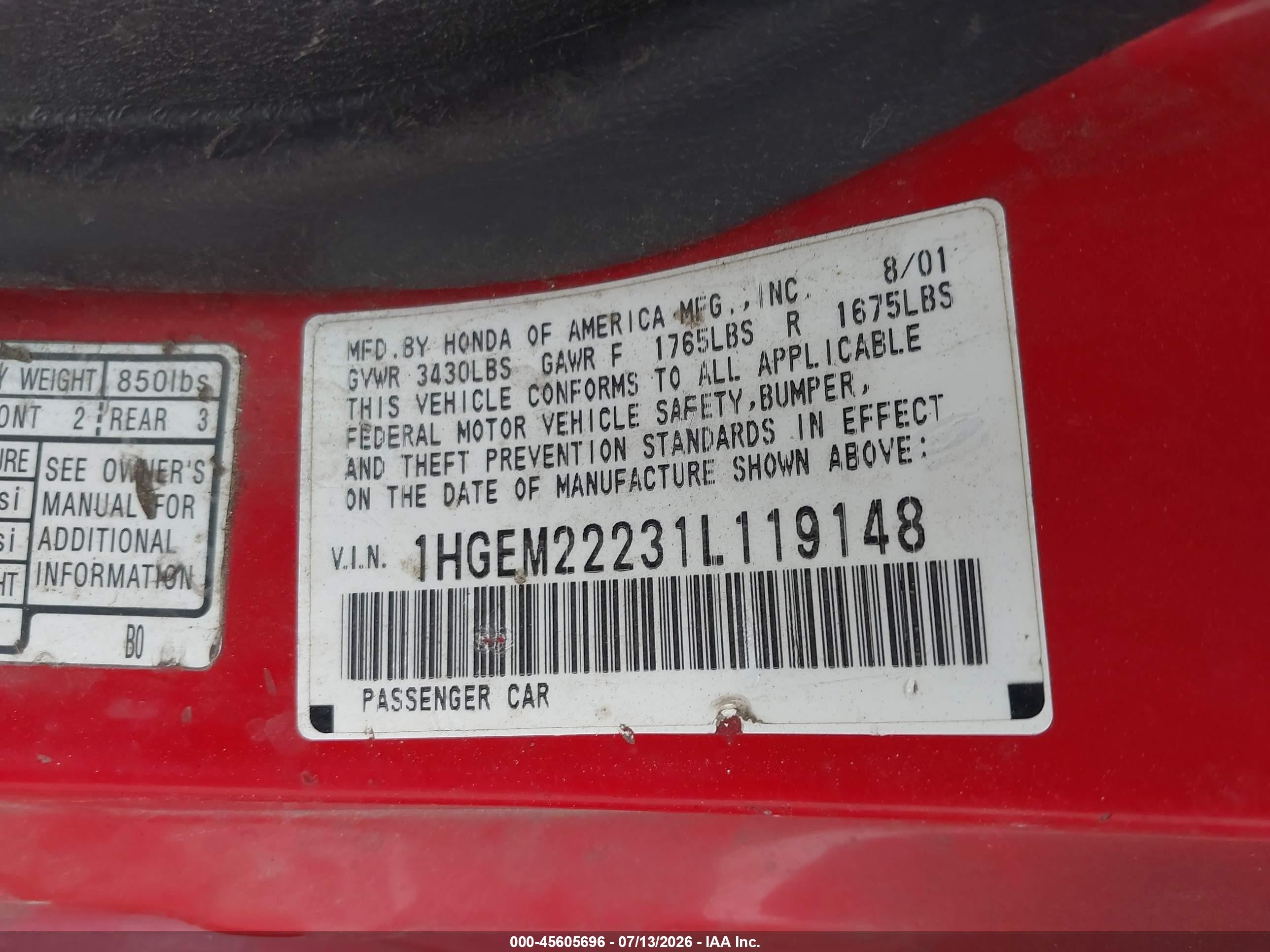 2001 Honda Civic Dx Red vin: 1HGEM22231L119148