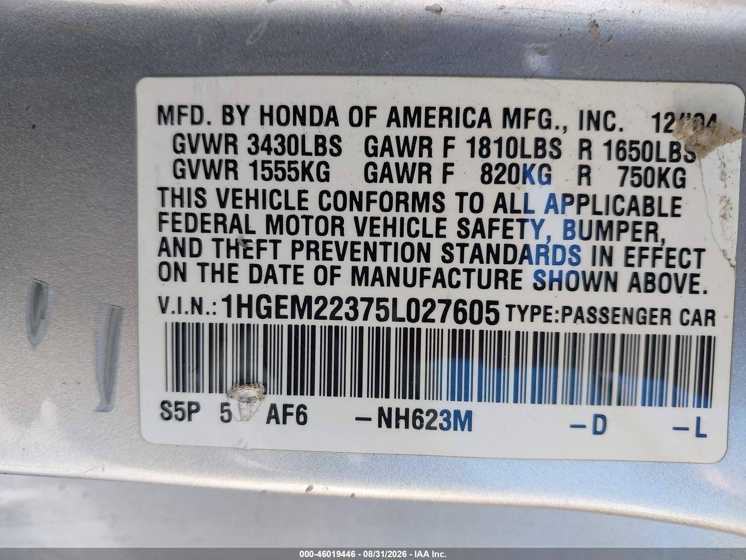 2005 Honda Civic Vp Silver vin: 1HGEM22375L027605