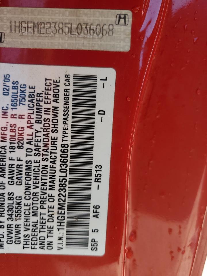 2005 Honda Civic Dx Vp Red vin: 1HGEM22385L036068